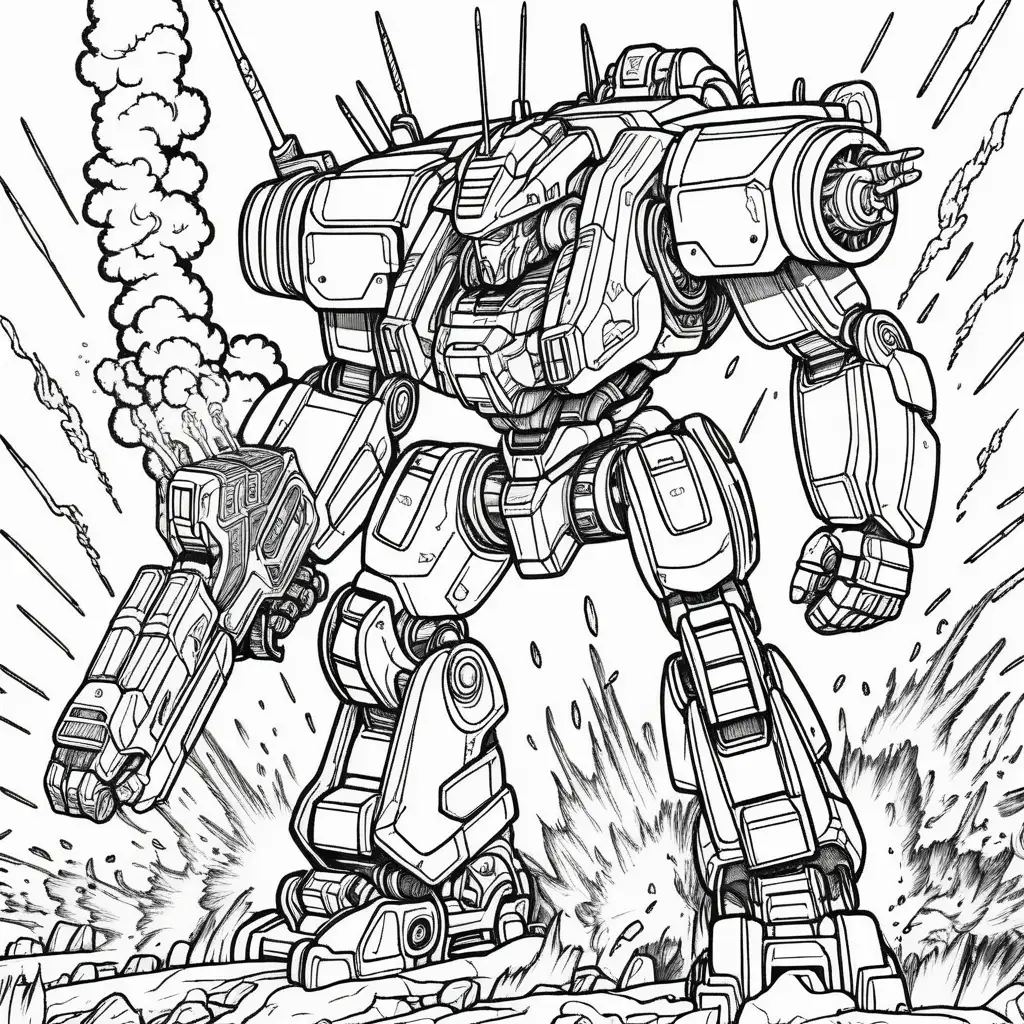 A mech wielding a massive weapon in a fiery battleground, coloring book page, thick clear lines, no shading, low detail