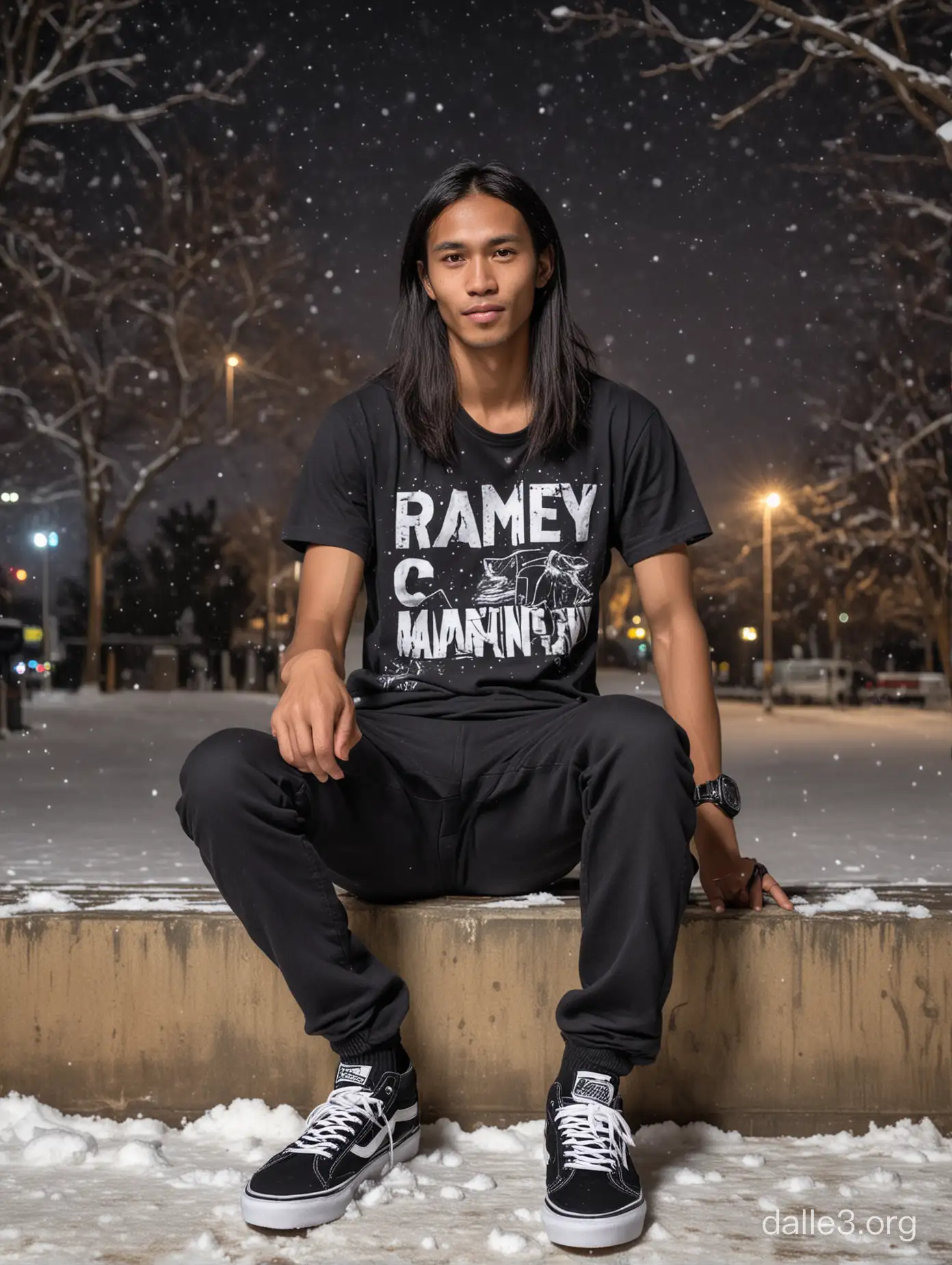 Photo of an Indonesian man with a rather thin body. 26 years old, long straight hair. Wearing a t-shirt that says "RAMEY", black cargo, VANS sk8 shoes, holding a guitar, sitting, snowy park background at night. HDR