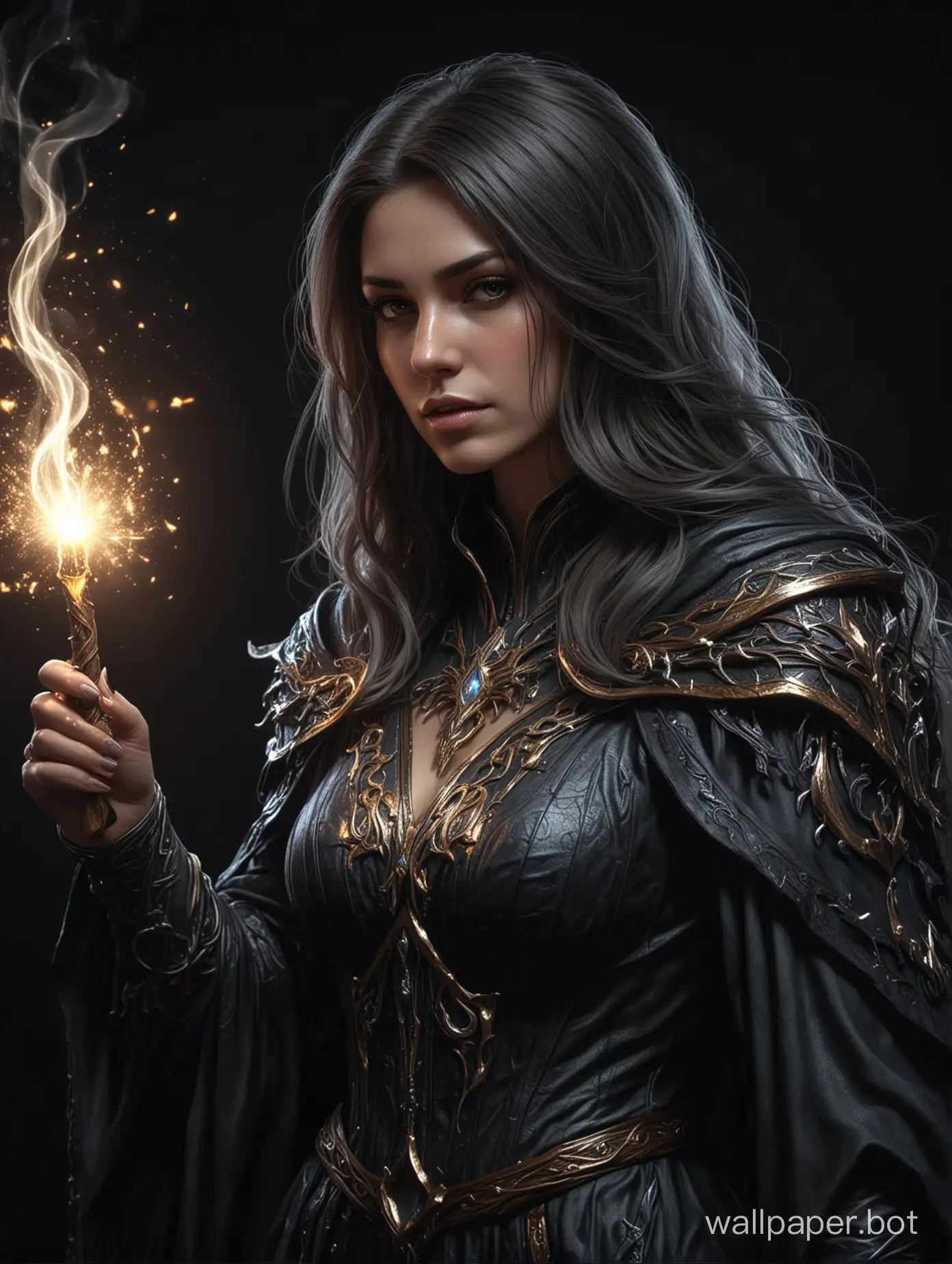 Draw a fantasy female dark wizard who shines brightly on a black background. hdr light. bloom light. 8k detail.