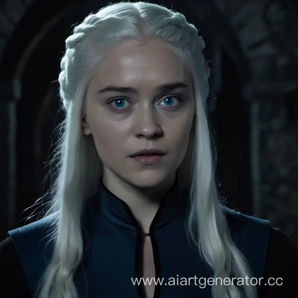 young woman, white hair, blue eyes, round face, in the castle, game of thrones series screencap, Jocelyn Fairchild face, in black dress