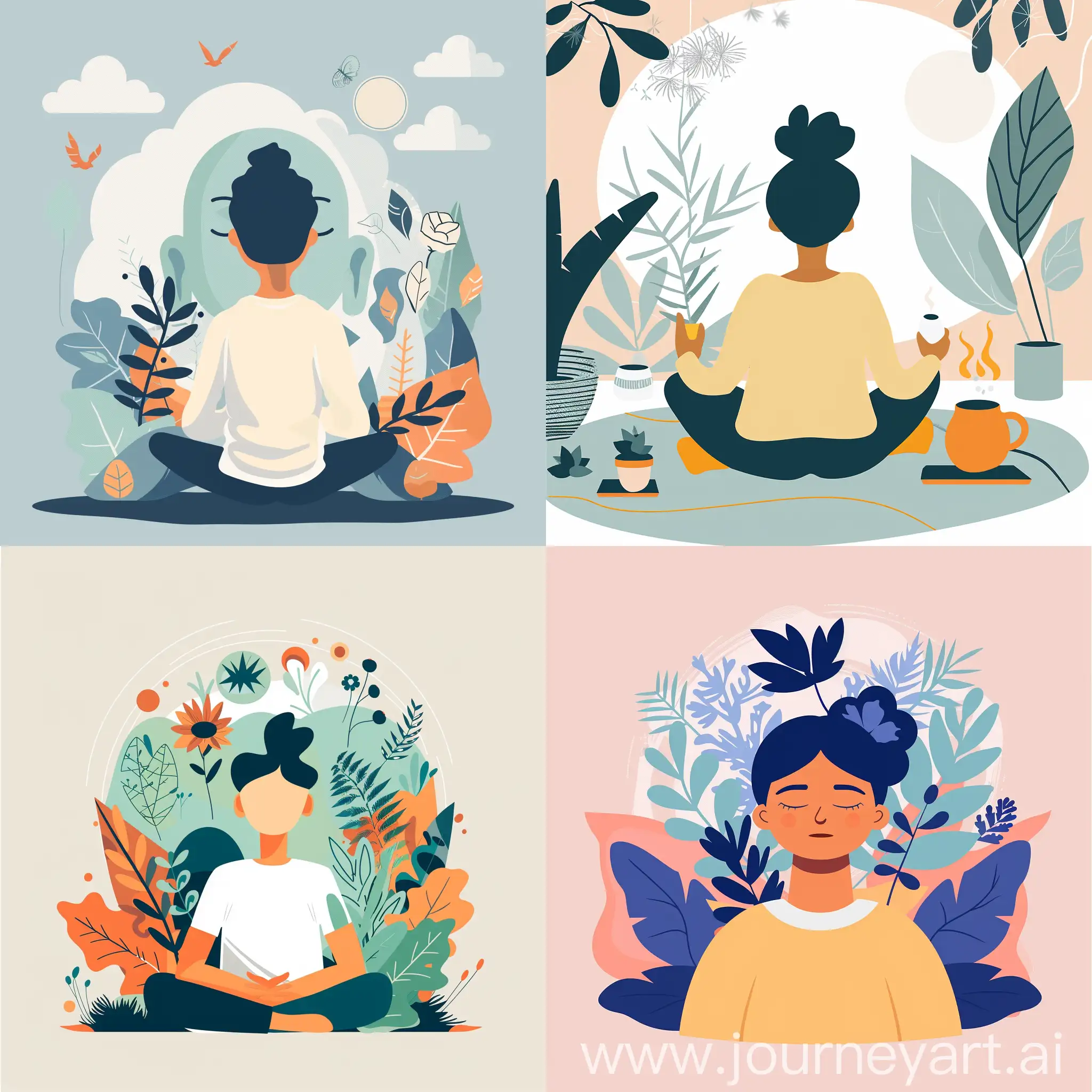 flat illustration of a person attending a mental health retreat to focus on self-care and renewal.