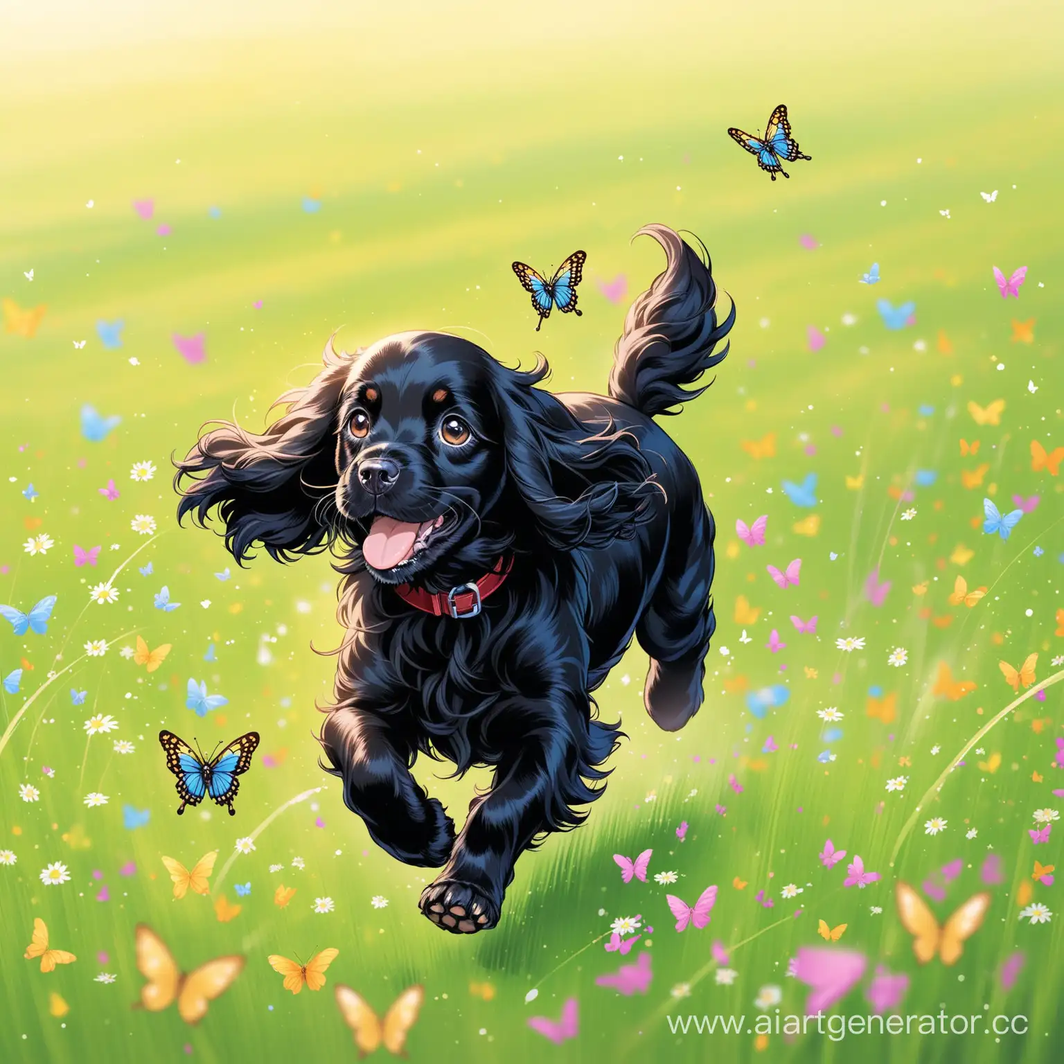 Playful-Black-Cocker-Spaniel-Puppy-Chasing-Multicolored-Butterflies