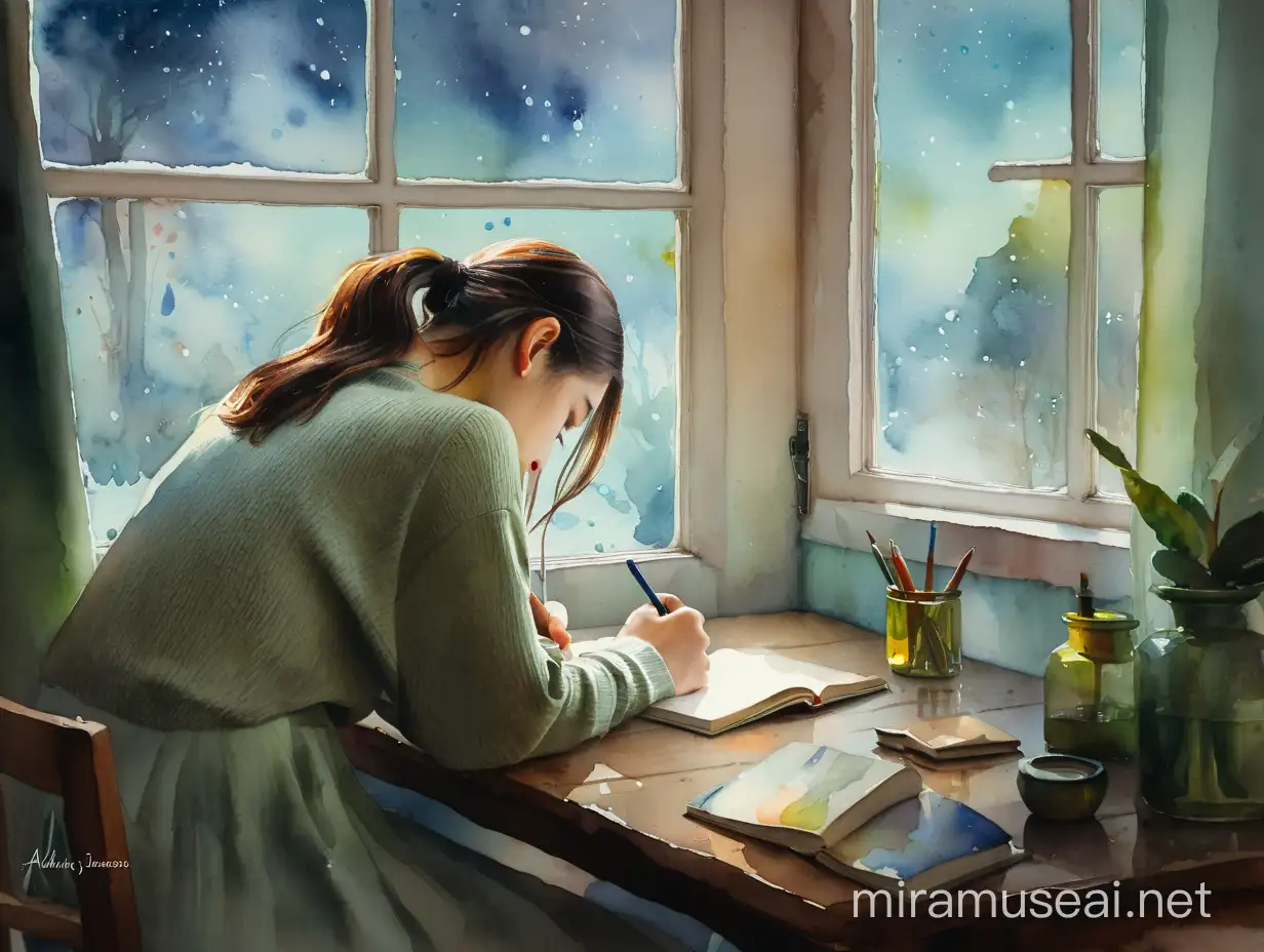 девушка за столом у окна пишет книгу, watercolour style by Alexander Jansson