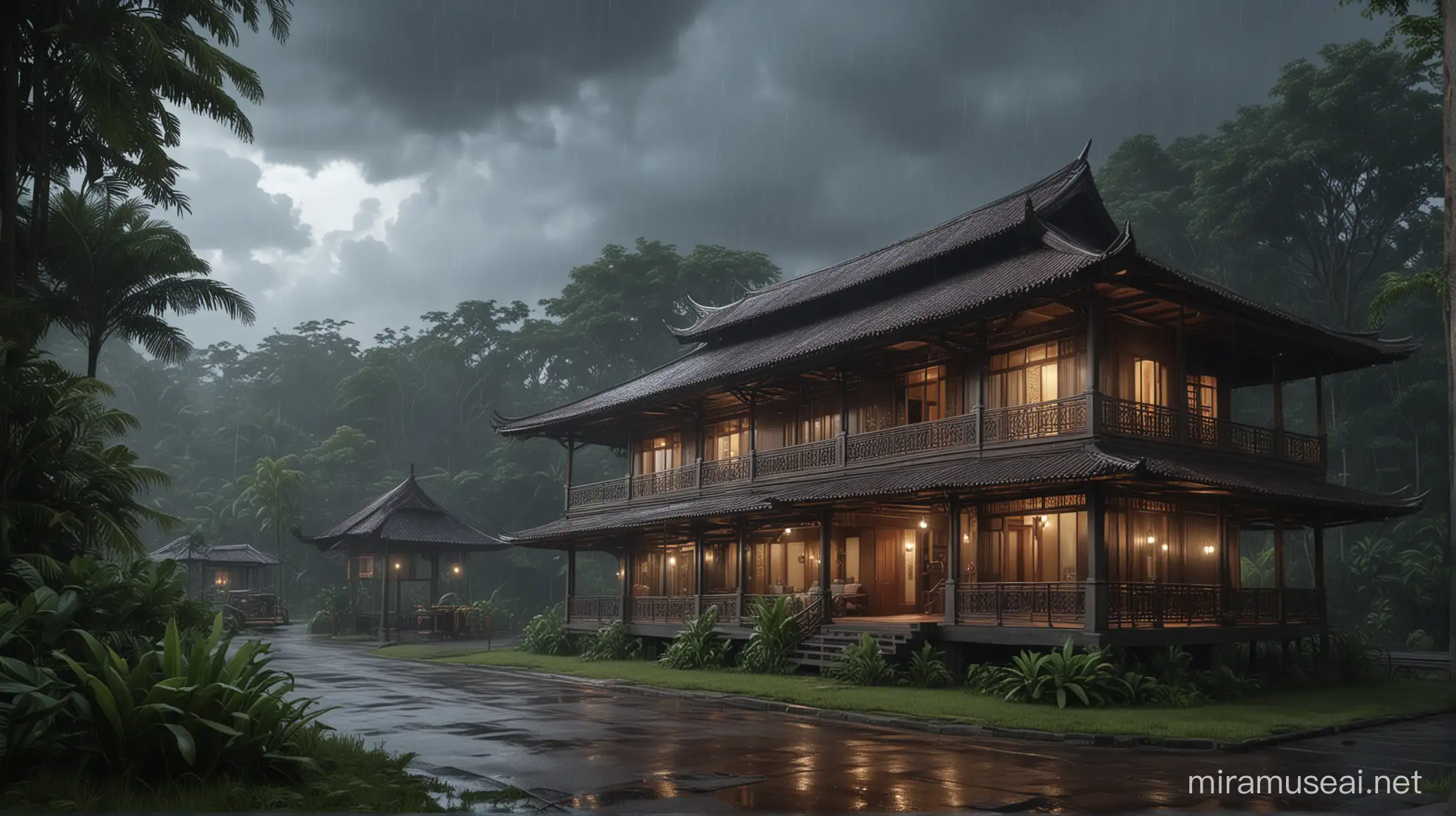 Indonesian Javanese House in Forest Hills on a Rainy Night