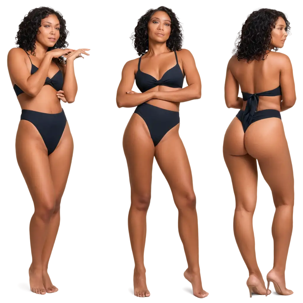 Sexy bikini model 6ft 170lbs caramel complexion with short curly black hair and athletic figure with curvey thighs slightly bow legs standing full body length 