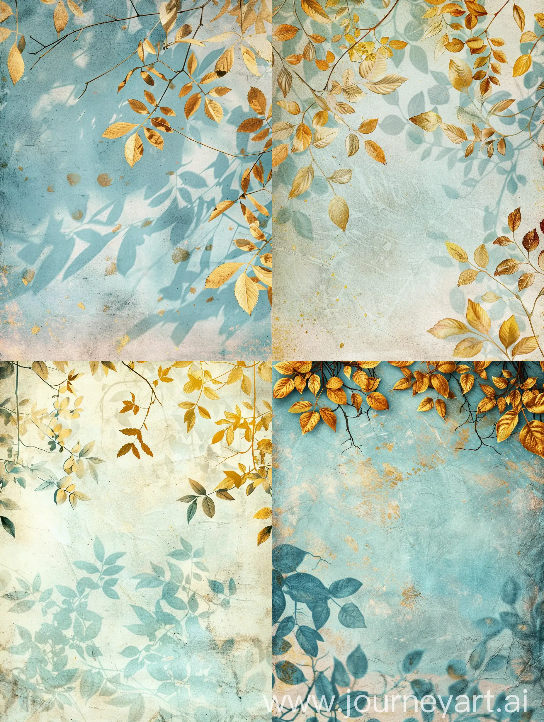 Floral, background, printable, beautiful, fantasy, light blue and golden leaves shadows, Journal, Digital paper, Junk Journal, Scrapbook Paper in Floral Vintage Style