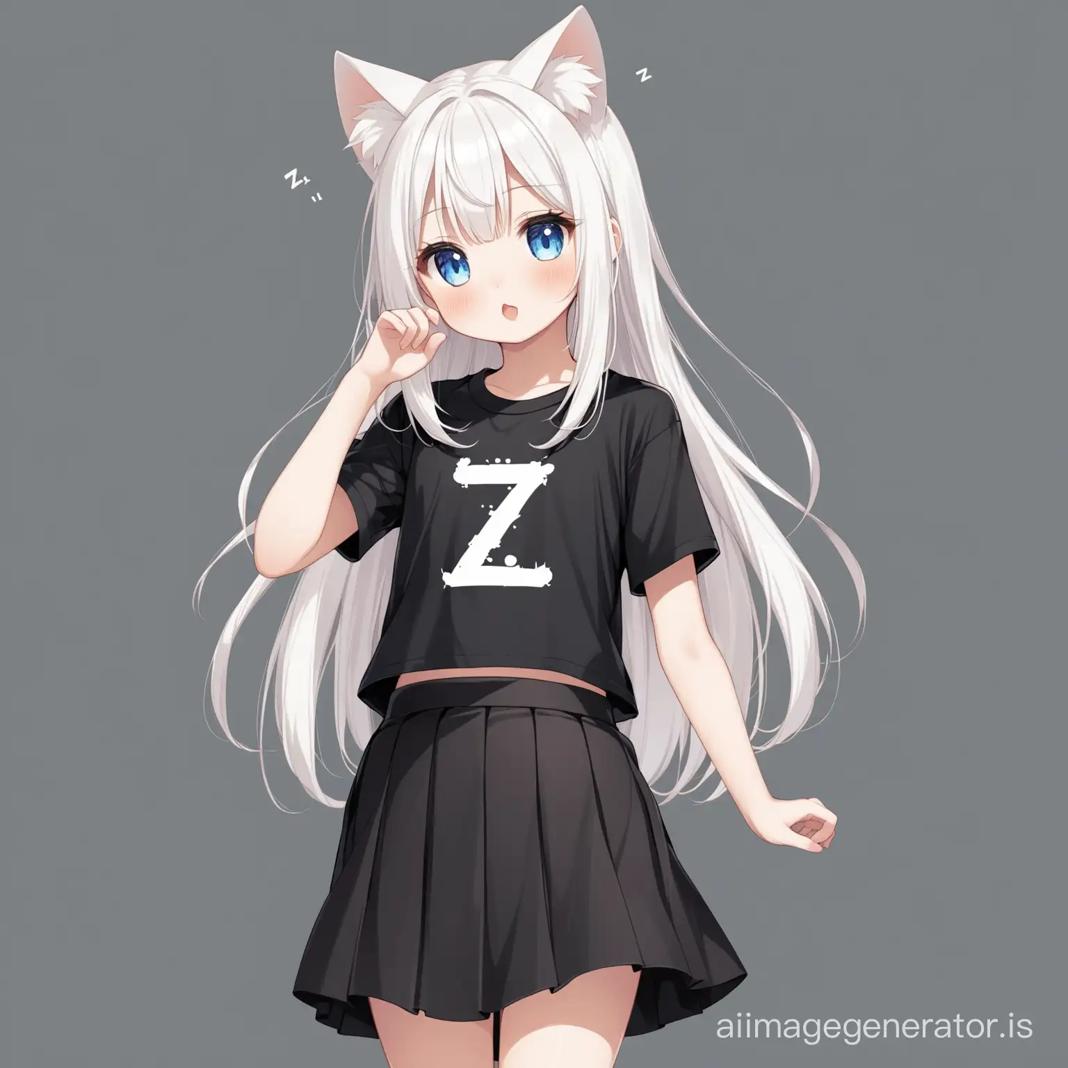 loli, long white hair, cat ears, black skirt, black T-shirt, with the text ‘Z’ on T-shirt