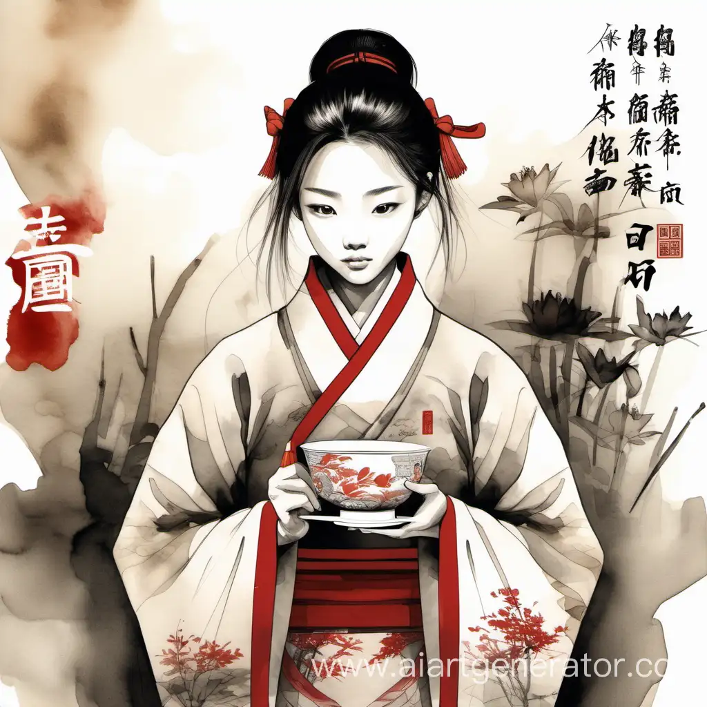  девушка студентка китаянка держит пиалу с чаем нарисованная в китайской графике тушью с коричневыми и красными элементами
