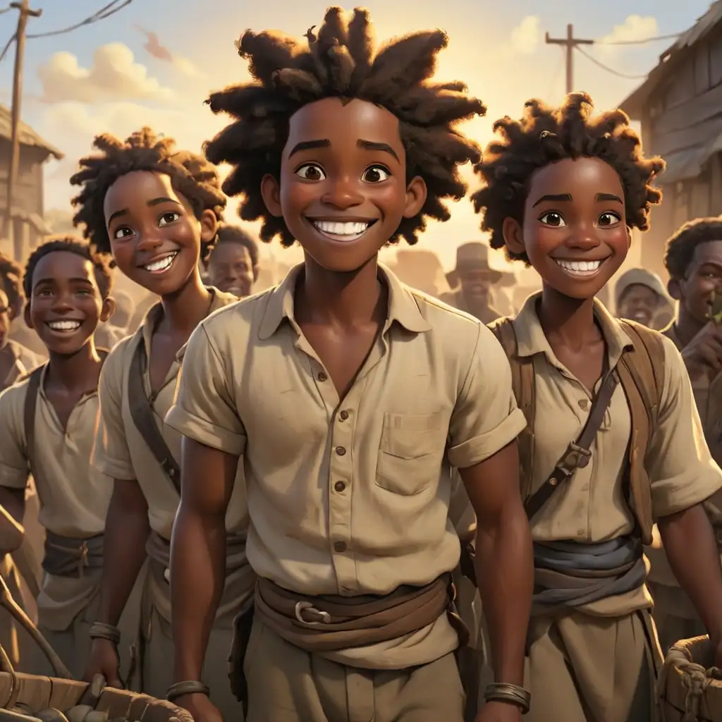 African American Slaves in Cartoon Style with Joyful Smiles