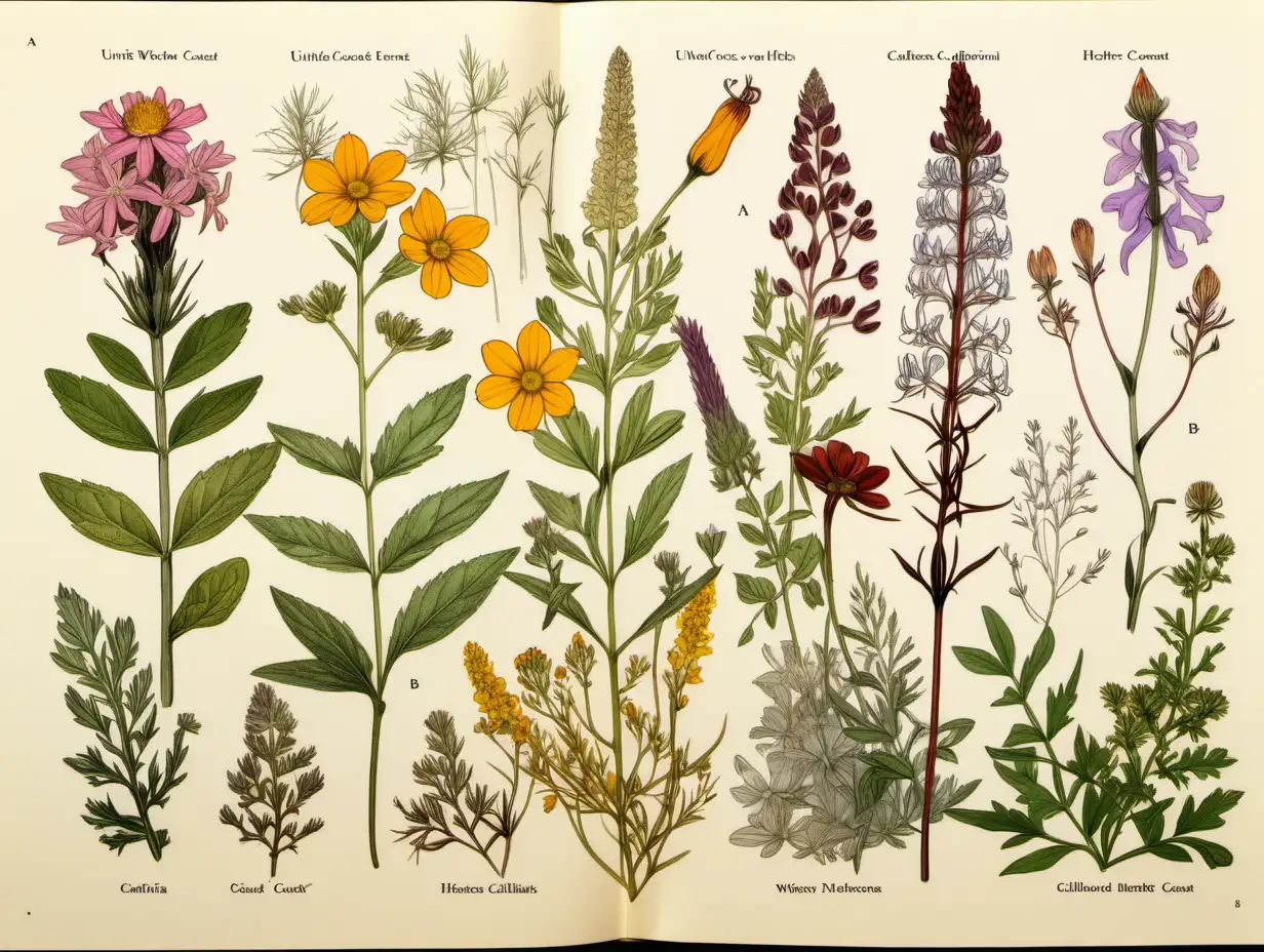 Botanical Illustration of California Wildflowers and Herbs