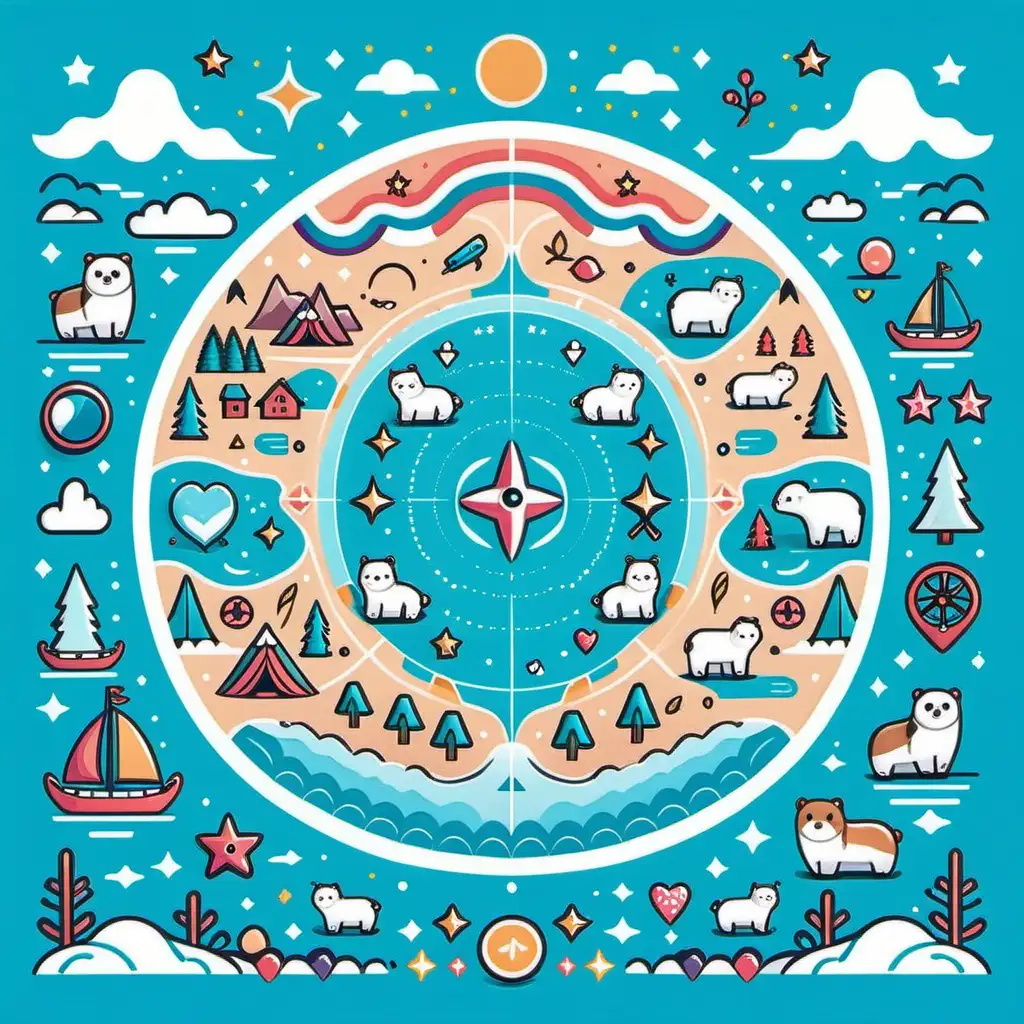 Illustration, Kawaii style, Eine bunte Karte von  der arktis, umgeben von Symbolen der Kultur und Natur. kawaii style