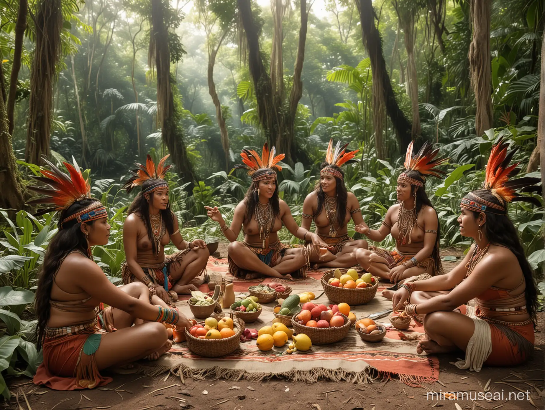 A scene depicting a group of warrior Amazon women picnicking in the rainforest. The women have different appearances, some with dark skin, others with light skin, wearing traditional warrior outfits, feather headdresses and beaded necklaces. They sit on a large colorful blanket surrounded by lush greenery, giant trees and exotic plants. On the blanket are various tropical fruits, wicker baskets and clay pots filled with food. The atmosphere is bright and serene, with sunlight streaming through the thick canopy overhead.