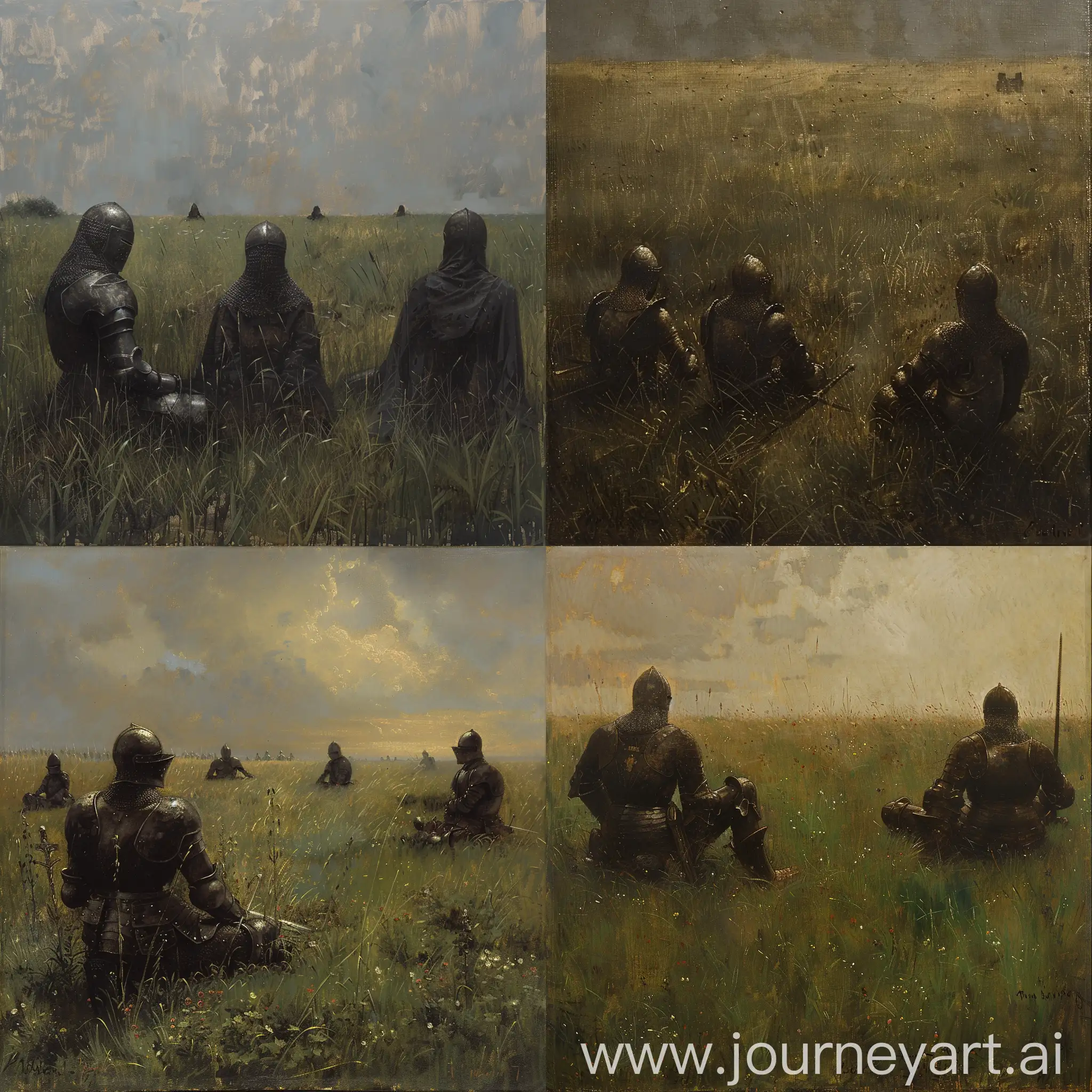 vast grass field with knights with a dark only armour sitting happily, knights barely visible, old painting