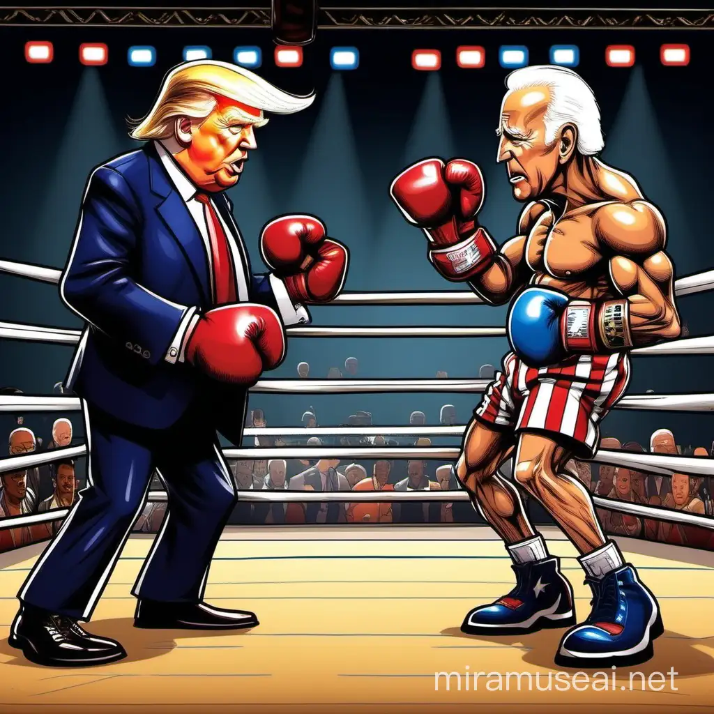 Cartoon Donald Trump and Joe Biden Boxing Match Showdown