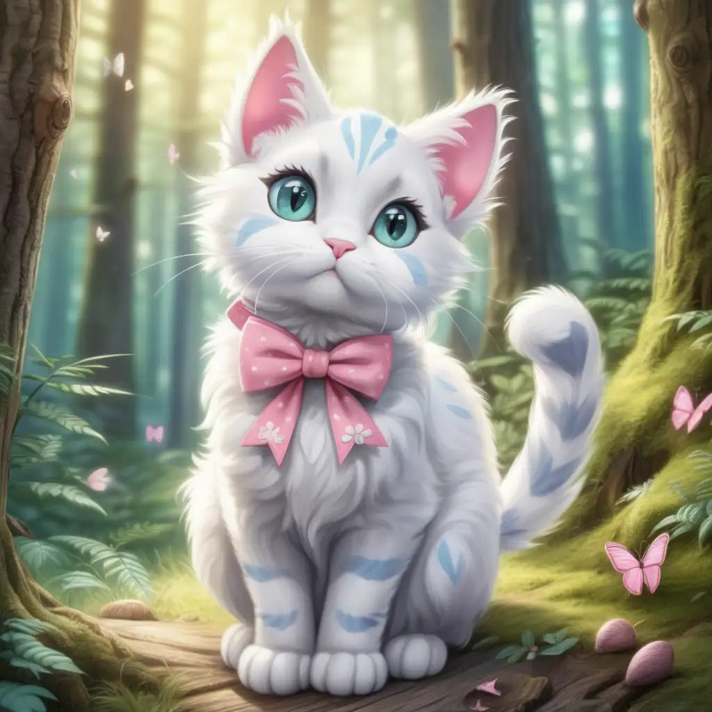 adorable white cat with big black eyes and pink bows in her ears, sitting in the middle of several forest friends, she is in a the woods and happy, the sky is bright and full of clouds, the air is magical, the animals are friendly 