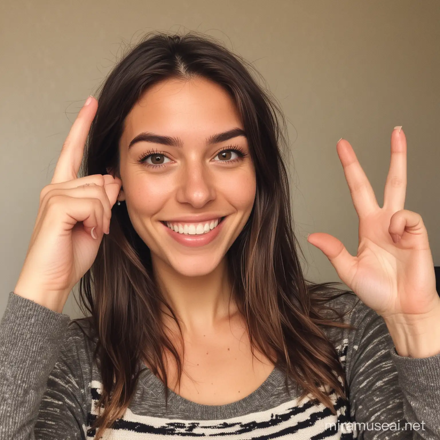 Une photo selfie d'une jeune femme de 27 ans, qui sourit à la caméra tout en montrant trois doigts.
