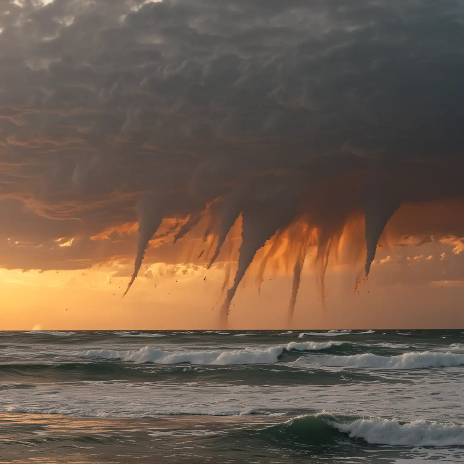 Vibrant Orange Tornadoes Dancing in Sunset Reflections Over the Ocean