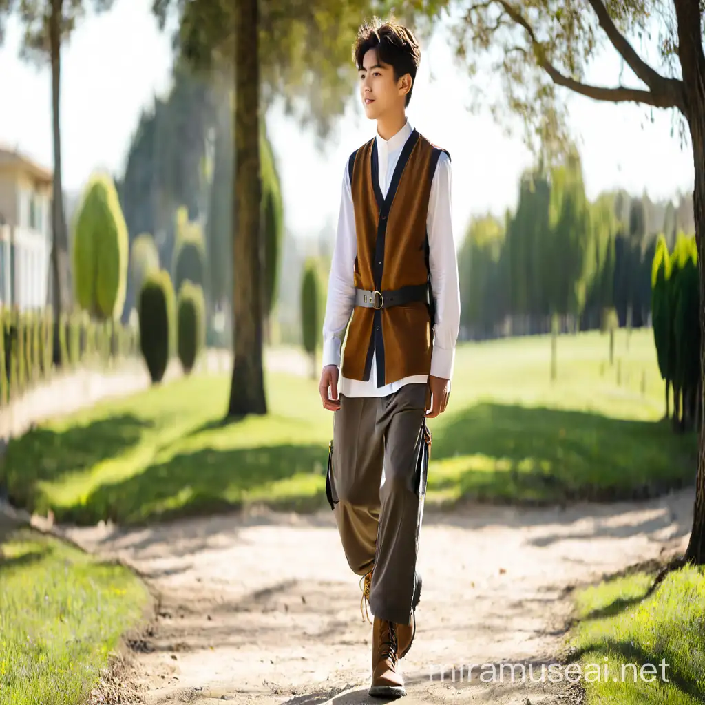18 years old young boy wearing Tunic, vest, pants, boots & walking