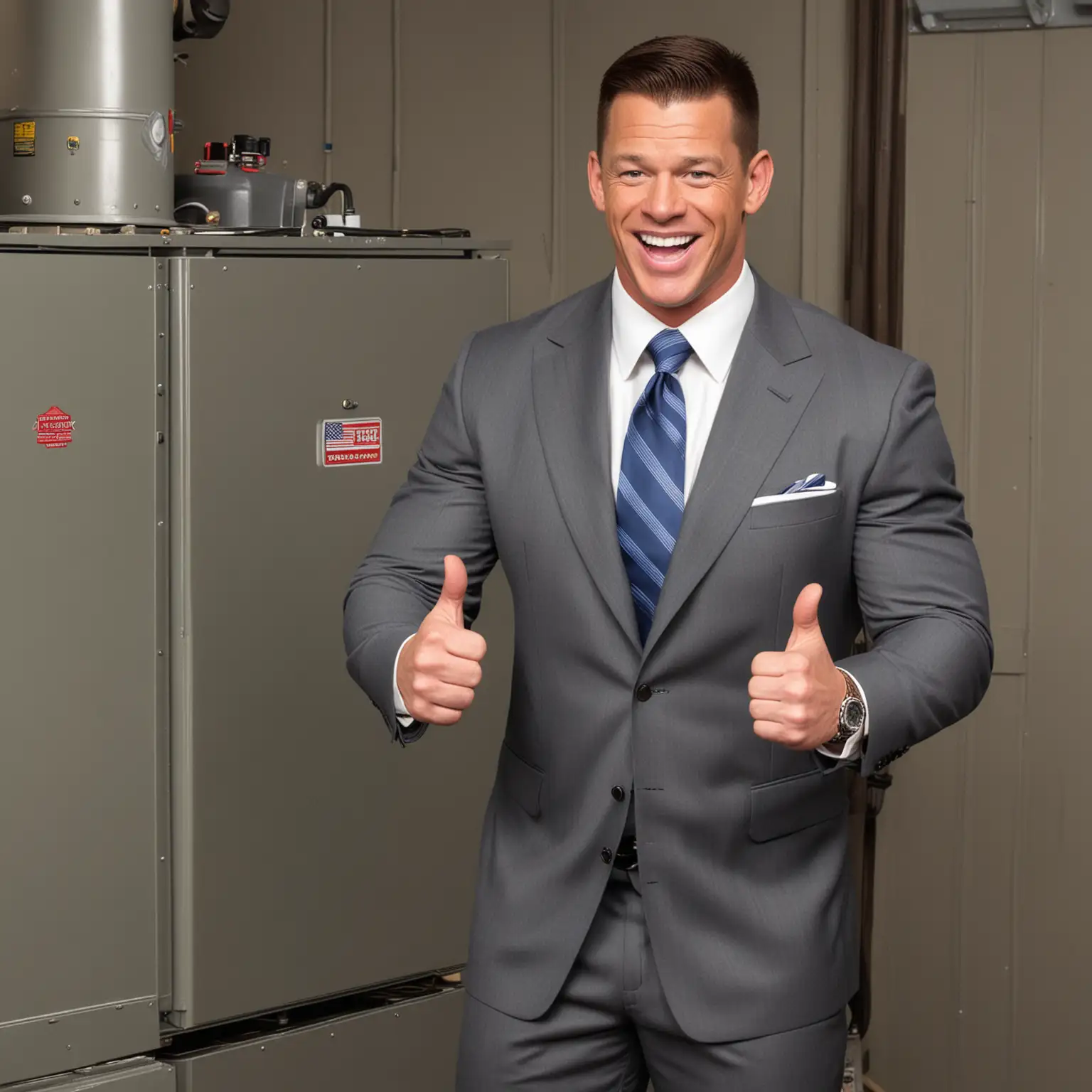 john cena, with an HVAC furnace, extremely happy, in a suit, thumbs up