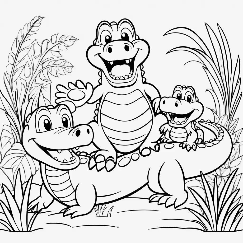 Adorable Alligator Family Coloring Page for Toddlers Playful Smiling Alligator and Parents
