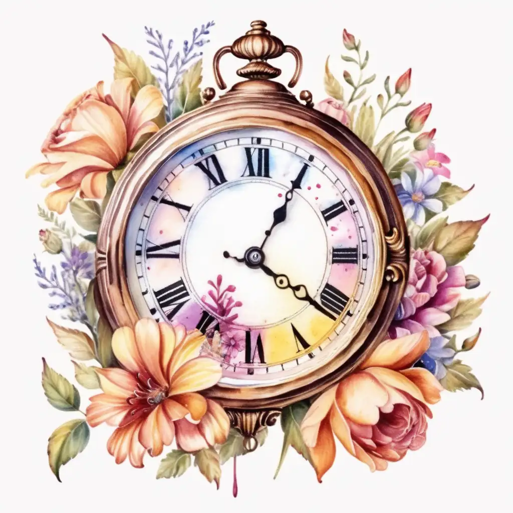 Charming Watercolor Painting of Vintage Clock Surrounded by Flowers