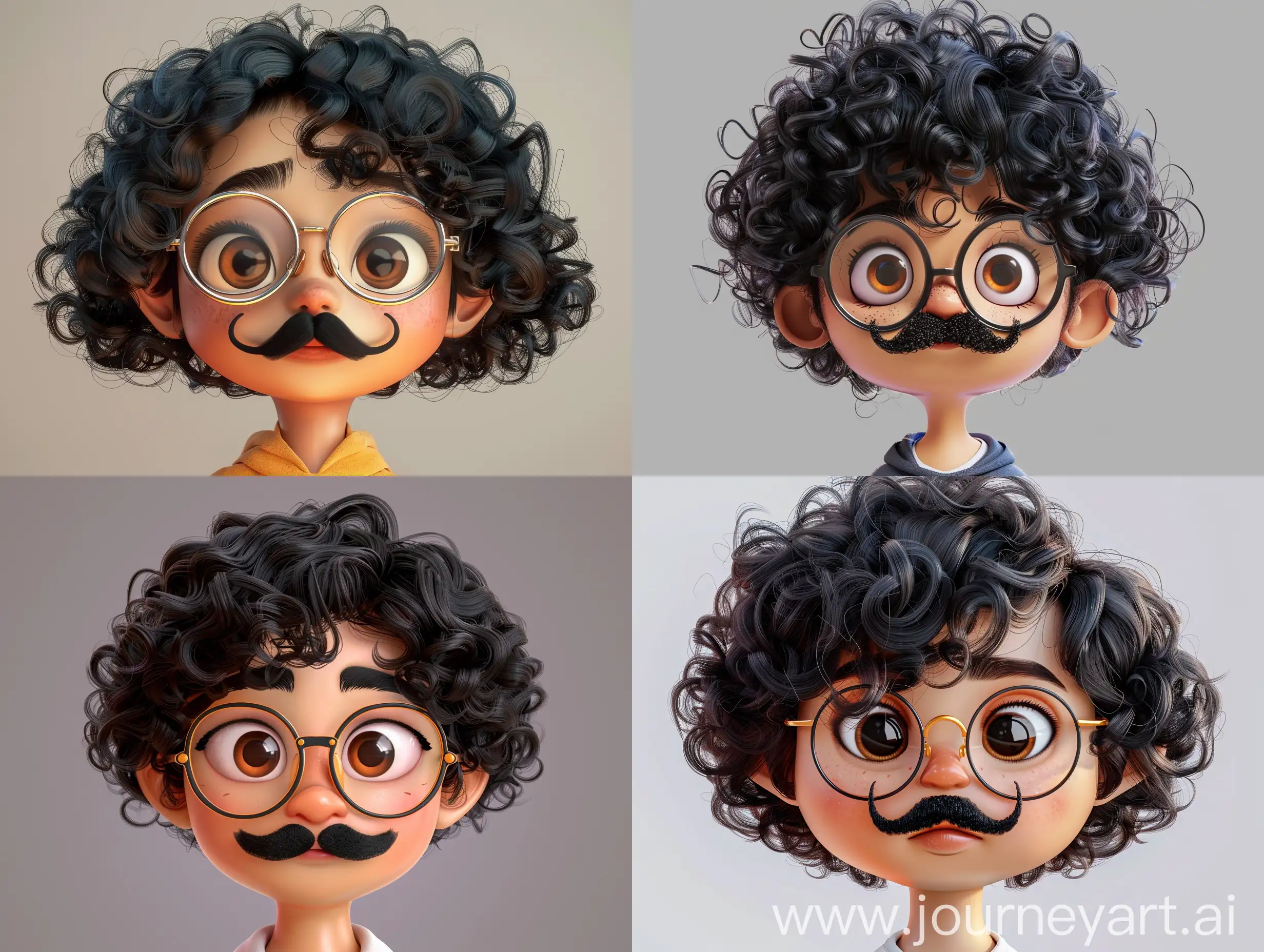a youthful and charming 2D animation-style Persian character representing a 16-year-old with curly black hair, warm brown eyes, wearing modern glasses. Make sure the character has a black moustache, light facial hair, and features a sweet, kind expression. The character should be dressed in an age-appropriate, fantasy-inspired casual outfit, full body included, capturing the essence of Persian youthfulness and friendliness. The style should be vibrant, fresh, and approachabl , it should also have a full and visiable body