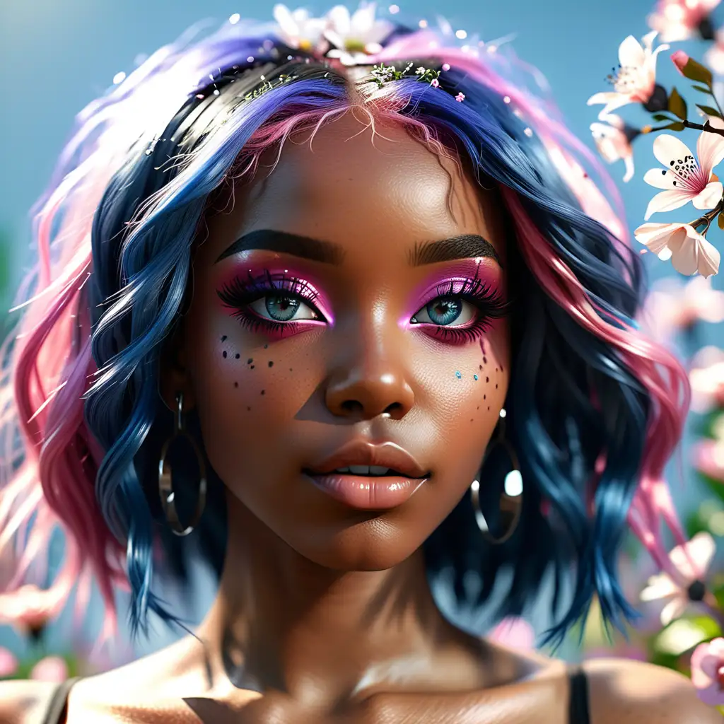 Beautiful, fashion-forward, Black woman, with a very attractive face, realistic and detailed eyes, slim body, light eye shadow, long light-colored blue and pink  hair with highlights,light bokeh background with subtle spring flowers, soft light on the face, rim lighting, photorealistic, very high detail, clear skin,