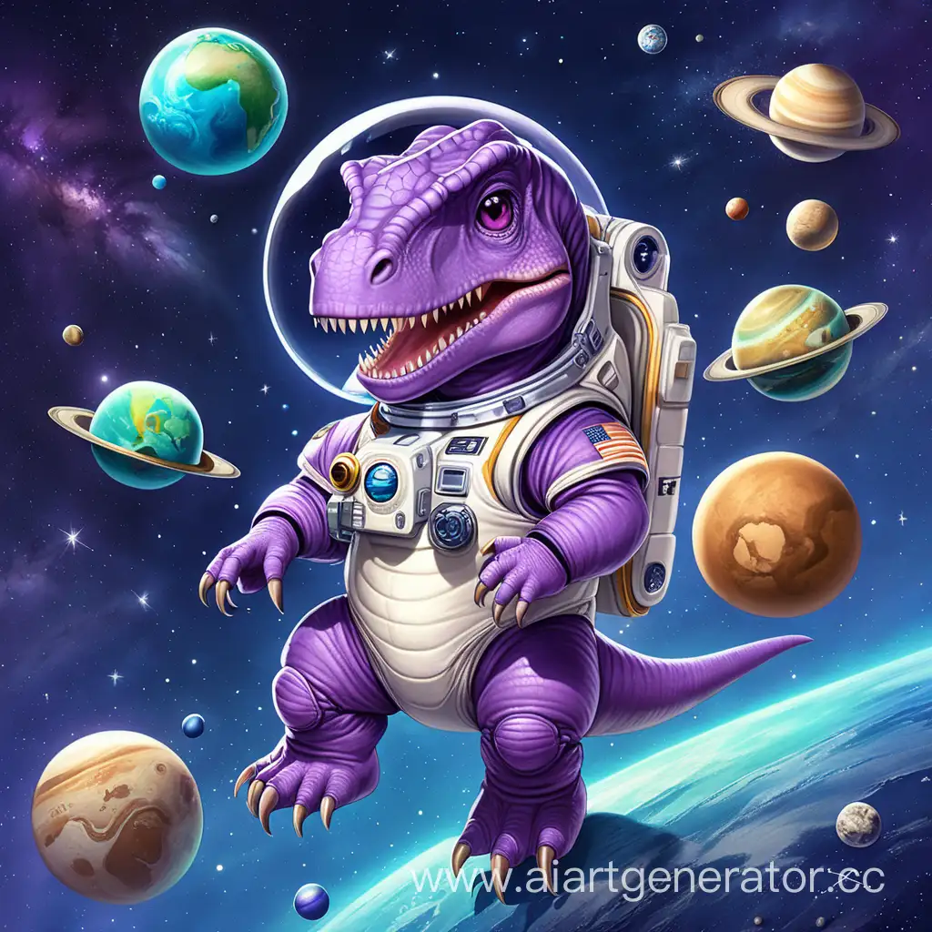 Мультяшный милый круглый фиолетовый малыш-Тиранозавр в скафандре парит в невесомости в открытом космосе синего цвета, а вокруг маленькие планеты и звёздочки