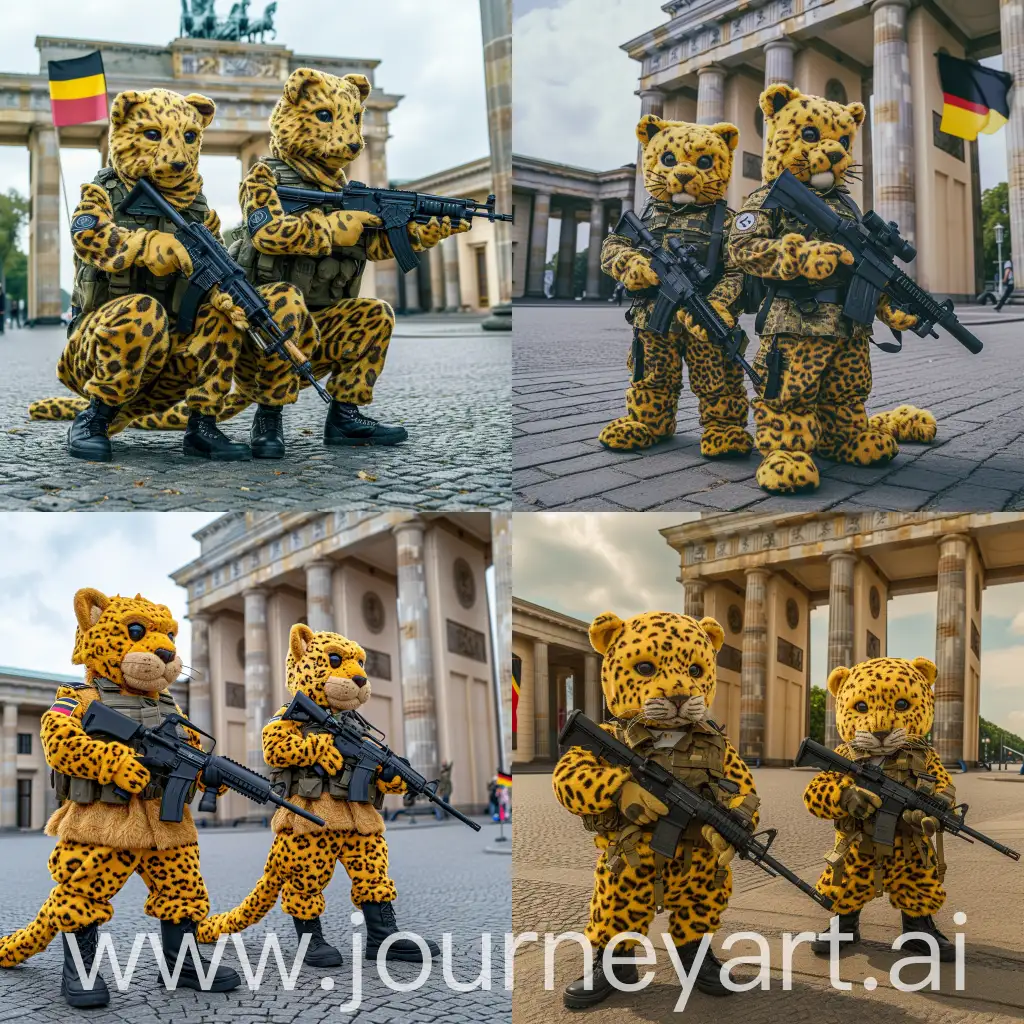full-body shoot of two cute furry yellow leopards are in modern German military uniforms and boots, with black Steyr AUG assault rifles in hands, before Brandenburg Gate, there is a German flag behind