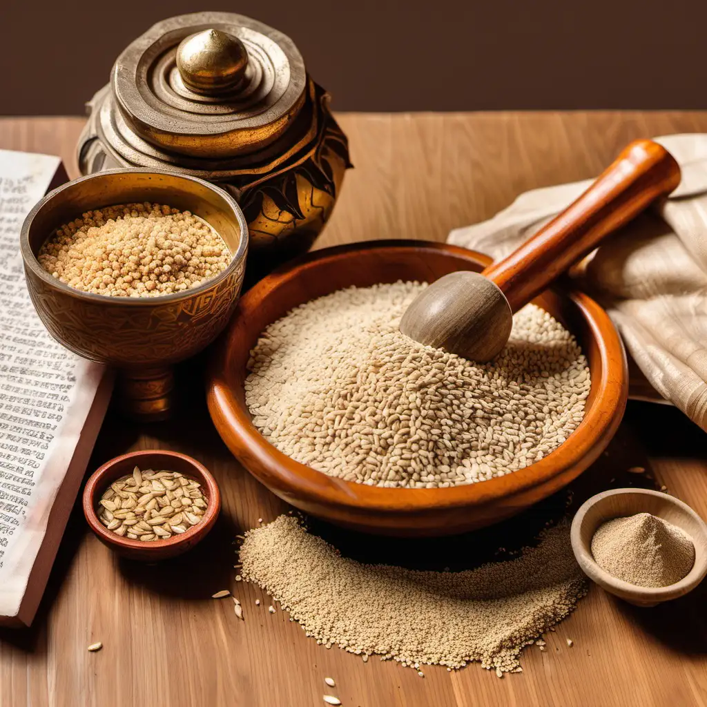 handful of sesame seeds, kept on a wooden bowl, and its plant in a small pot along with a wooden bowl with til beej powder with a wooden pestle and mortar next to it and some old Vedic scriptures with Sanskrit text about Ayurveda