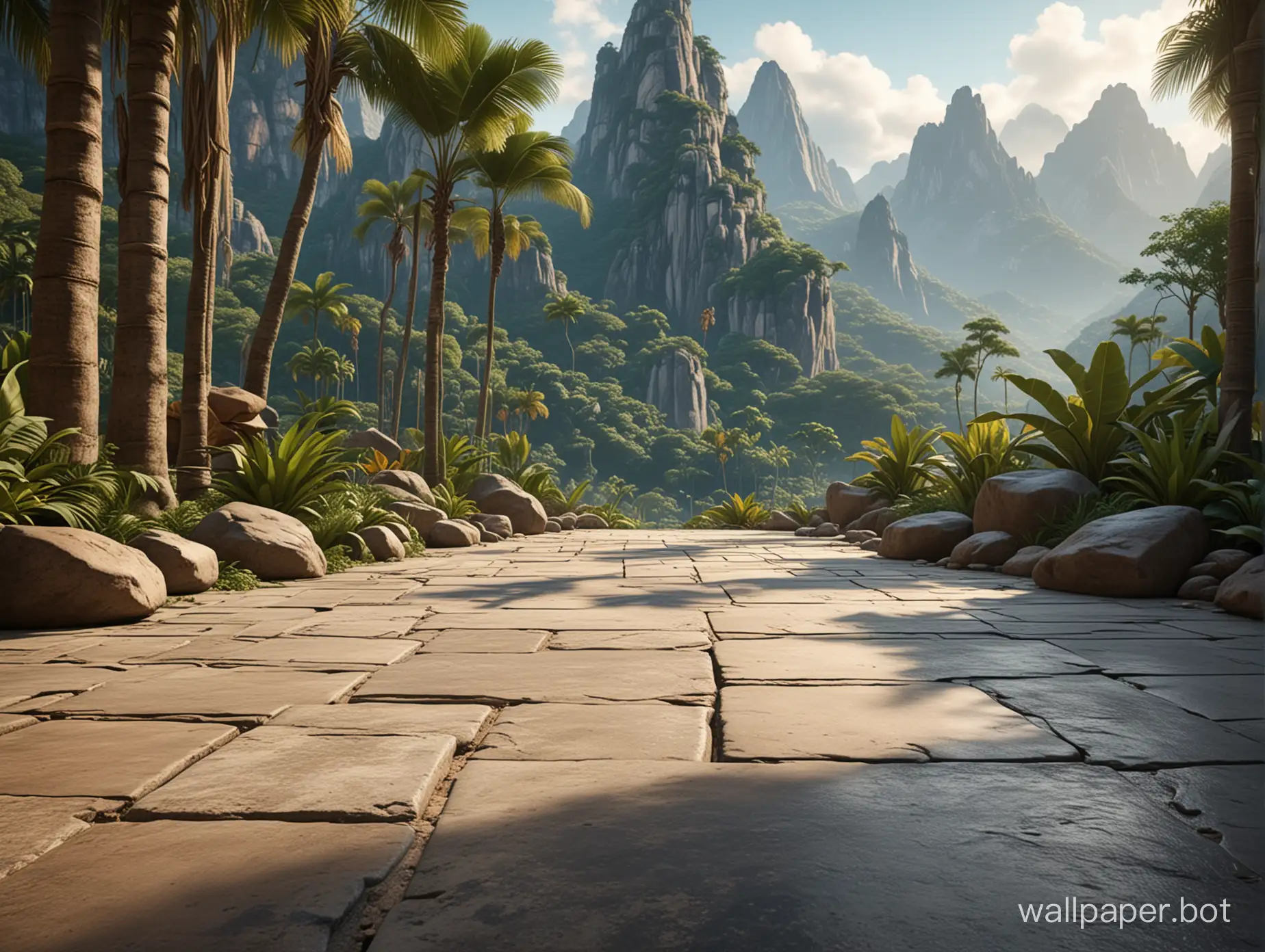 Scenery from the tropical world, stone floor, looking mountains in the background, realistic and highly detailed, Disney style, cinematic mood, trees on the sides.
