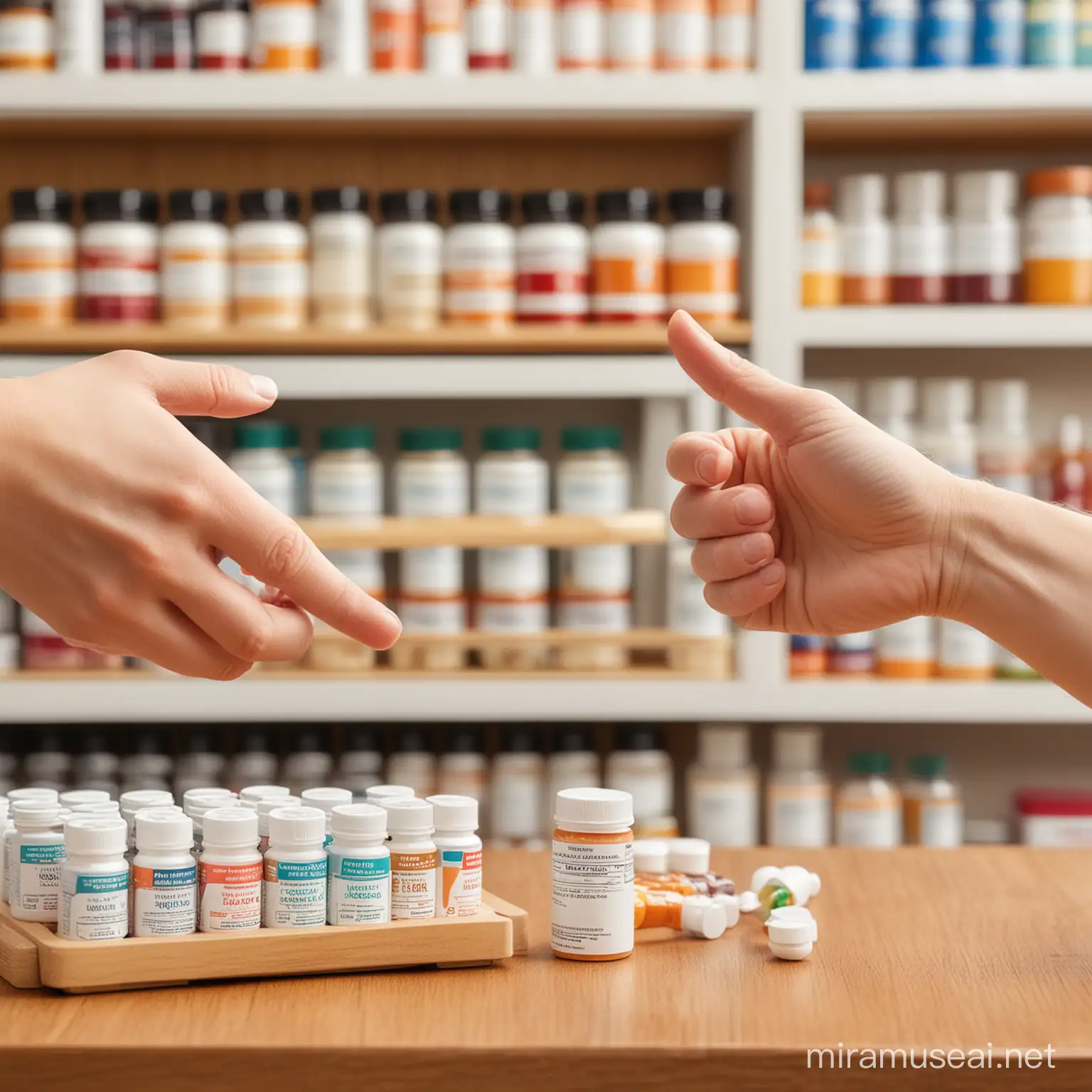 Hand Pointing to Vitamin Product on Table with Shelves of Similar Products