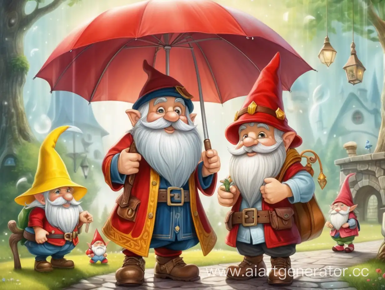 В мире чудес под зонтиком радостно стоят: сказочница 
, волшебница, волшебник, дедушка, гном с красной шапкой, гном с желтой шапкой