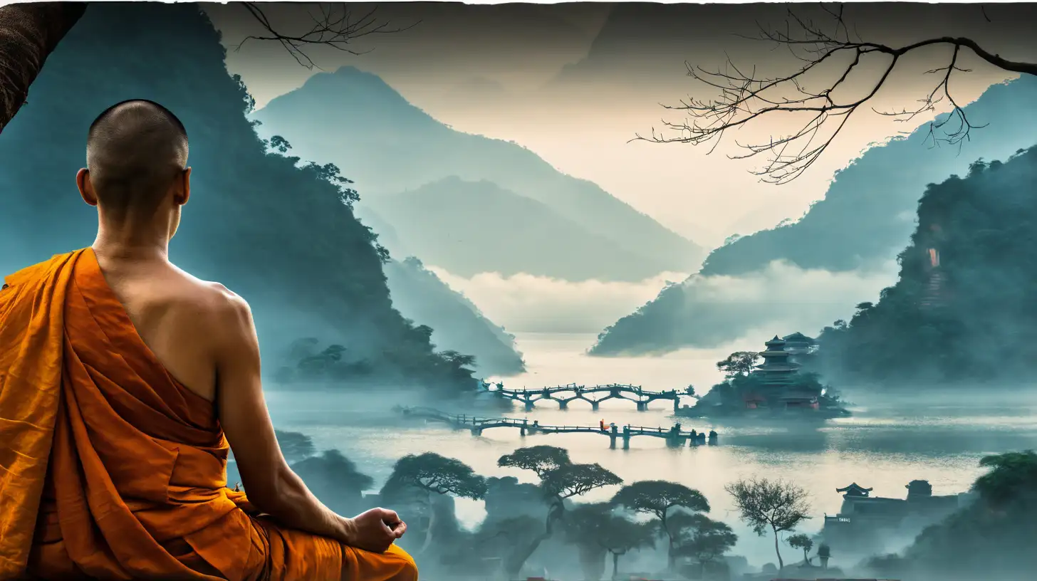A back view of a monk, aged around 60, is sitting peacefully under a Bodhi tree. Beautiful landscape background. Create mildly dark and mildly colourful atmospheric images inspired by noir video games. Use with Vision XL for best results.