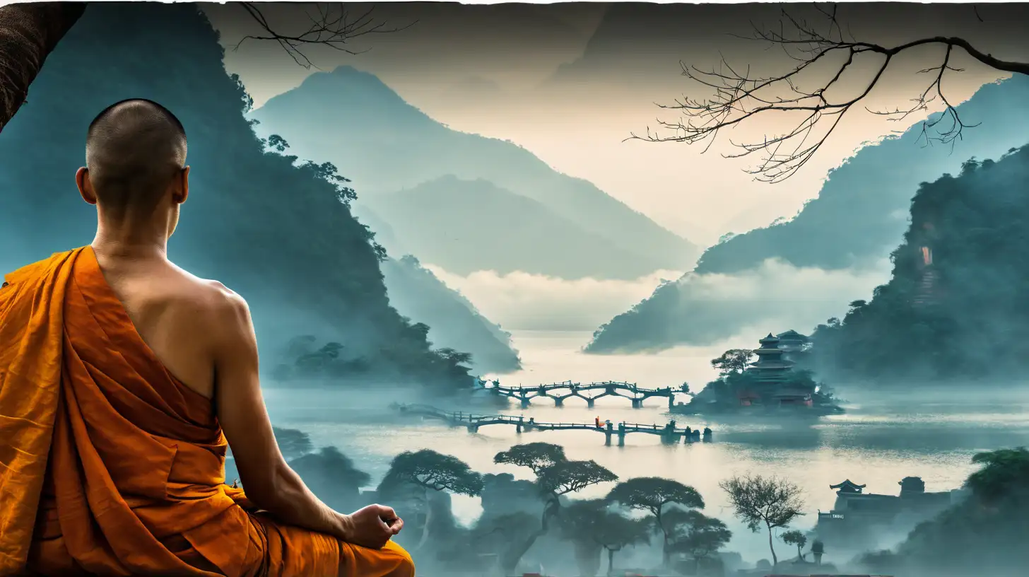 Tranquil Elderly Monk Meditating under Bodhi Tree in Noir Landscape