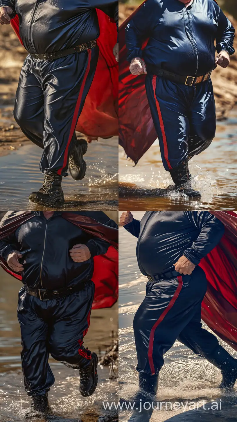Lateral portrait close-up photo centered on the chest of a chubby man aged 70 wearing a wet silky navy tracksuit. Red vertical stripe on the side of the pants. He has a black tactical belt. He has a big and long red leather cape. Black Hiking Boots. He is running in the water. Direct Sunlight. Bald. Clean Shaven. Outside. --style raw --ar 9:16 --v 6