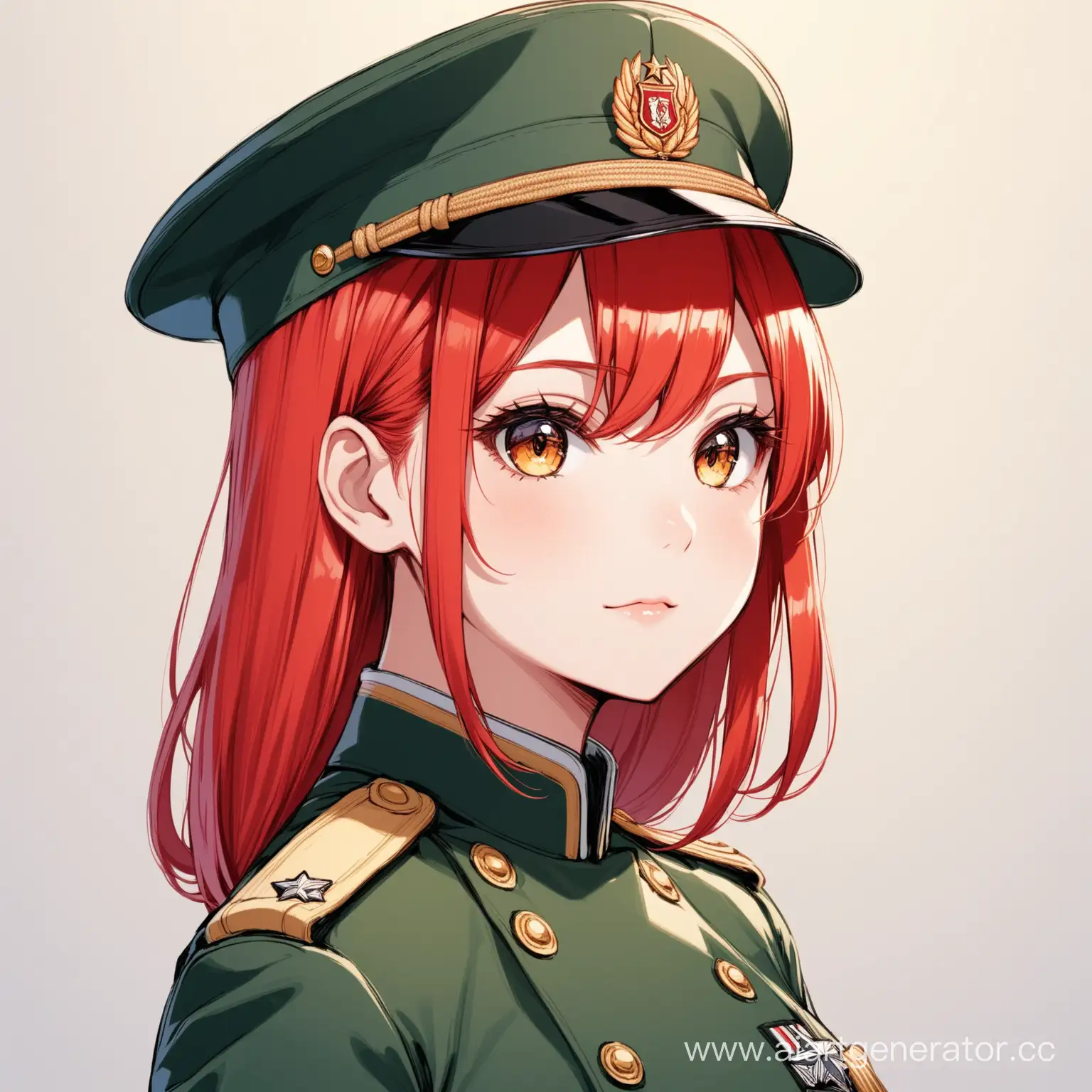 девушка, в военной форме, с красными волосами, в кепке
