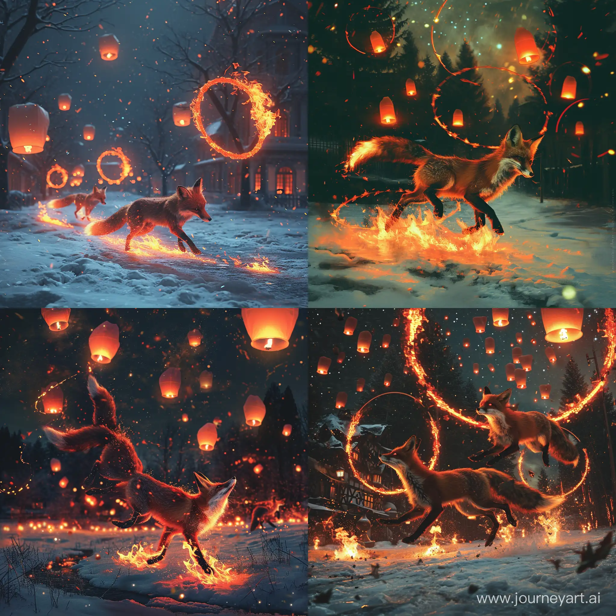 Enchanting-Night-Foxes-with-Glowing-Fur-and-Sky-Lanterns-Illuminate-Snowy-Streets