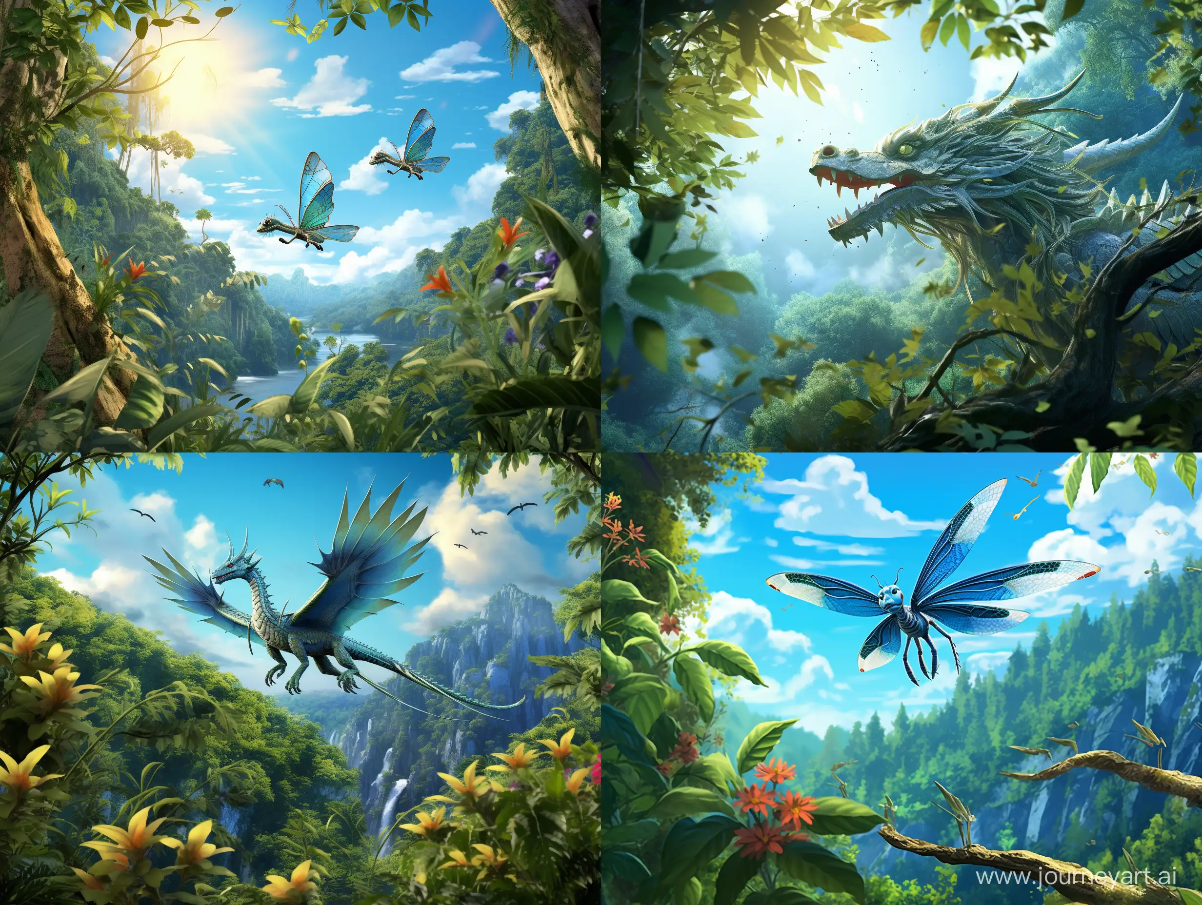 Зеленый китайский дракон летит над лесом, синее небо, солнце, сказочно,  прекрасно, цифровая живопись, реалистично, ярко, детальная прорисовка