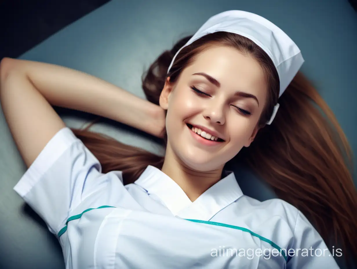 The young nurse is lying down, a sense of relaxation, a feeling of joy and bliss