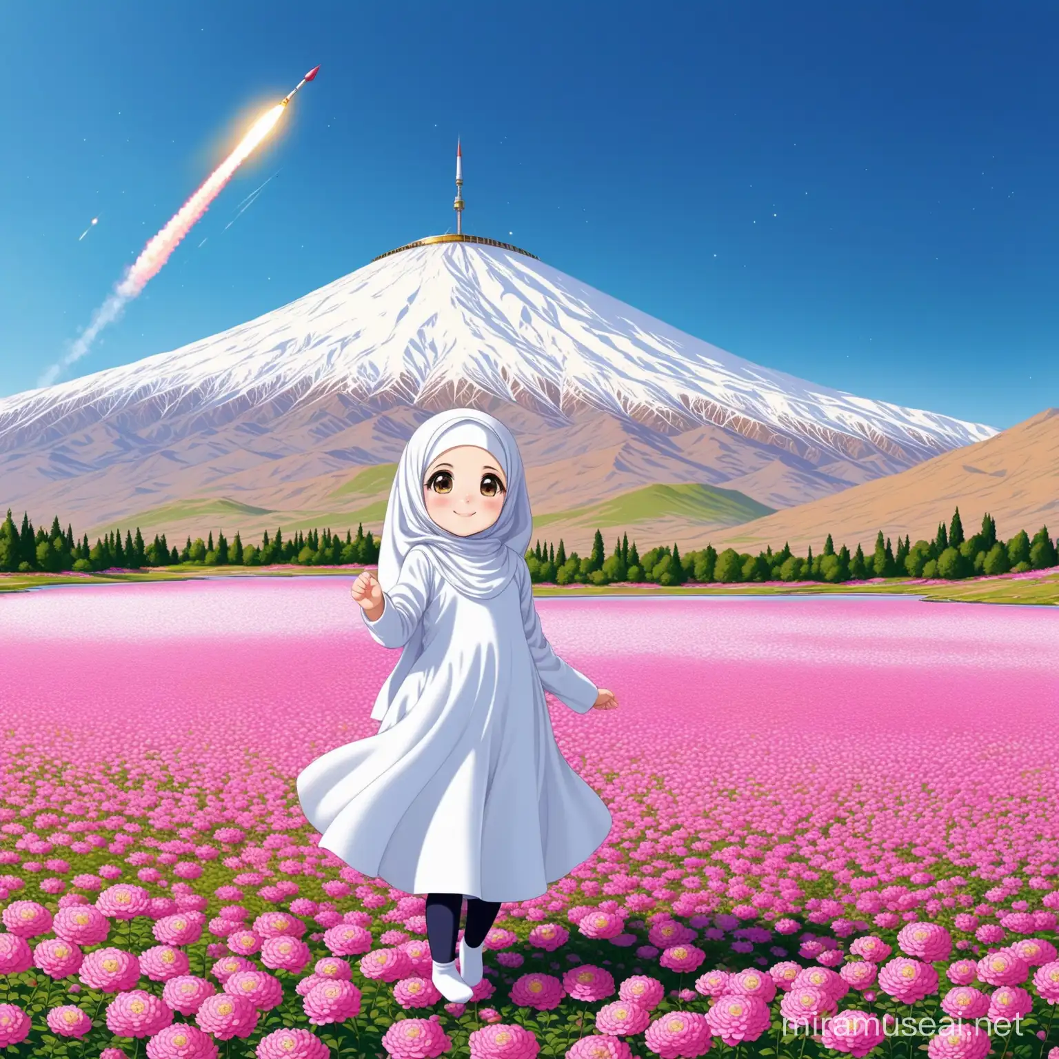 Persian little girl(full height, Muslim, with emphasis no hair out of veil(Hijab), small eyes, bigger nose, white skin, cute, smiling, wearing socks, clothes full of Persian designs).
Atmosphere Damavand mountain, firing satellite to sky, the nice flag of Iran proudly raised in mountain and full of many pink flowers, lake, sparing.
