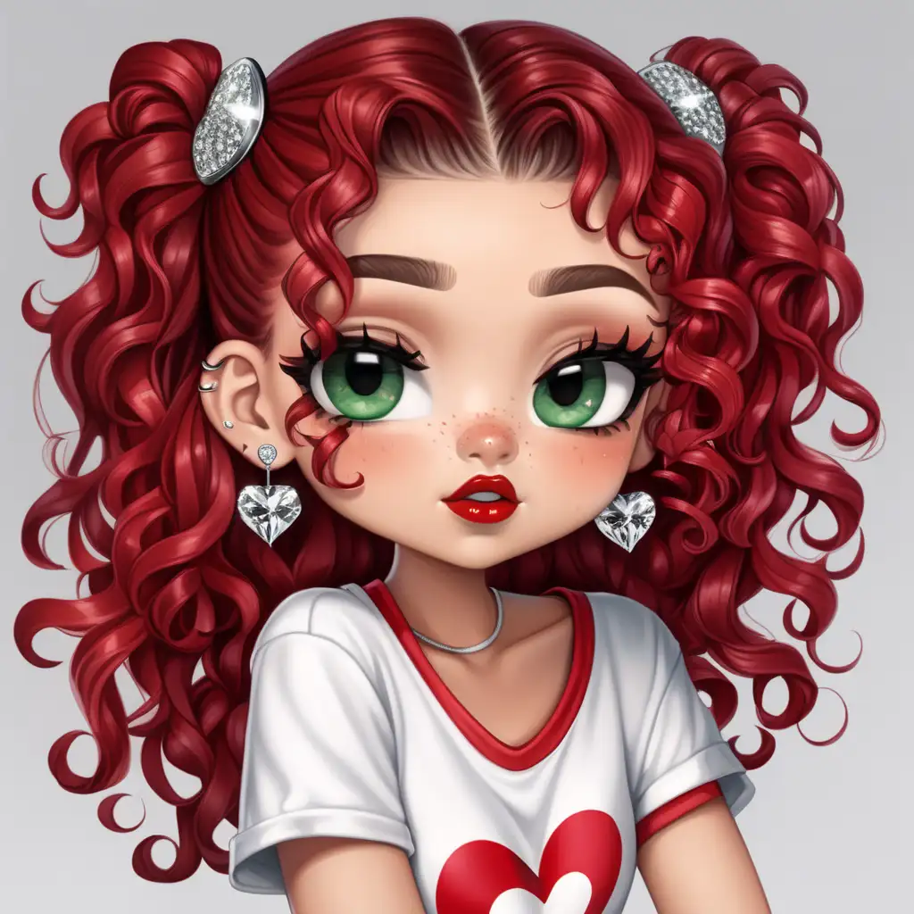a beautiful Caucasian Chibi style girl with olive skin, thick red lips, freckles, ripped white jeans, Silver diamond earrings, red glitter nails, red t-shirt with black heart on it, red long curly hair with blonde highlights in a messy bun, hazel green eyes, brown lip liner, red Nike shoes