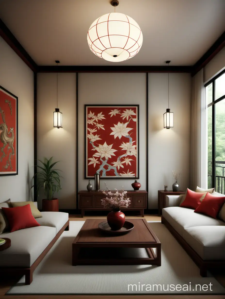 generate a photorealistic image of modern livingroom with asian influences