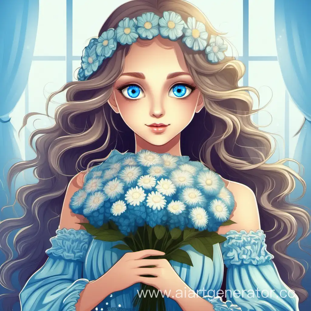 Девочка в каком платье с букетом цветов голубыми глазами длинными волосами