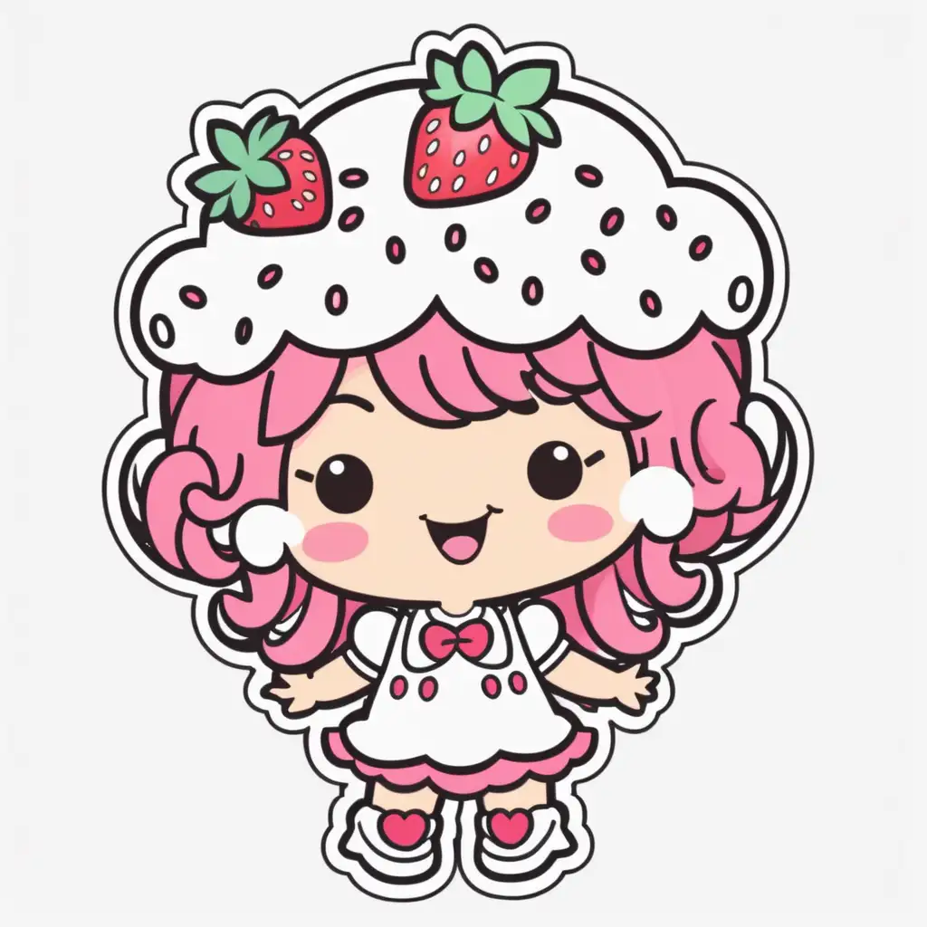 Sticker, Laughing KAWAII strawberry shortcake with Whipped Cream Hair, food illustration, valentine theme, mixed 
styles, contour, vector, white background