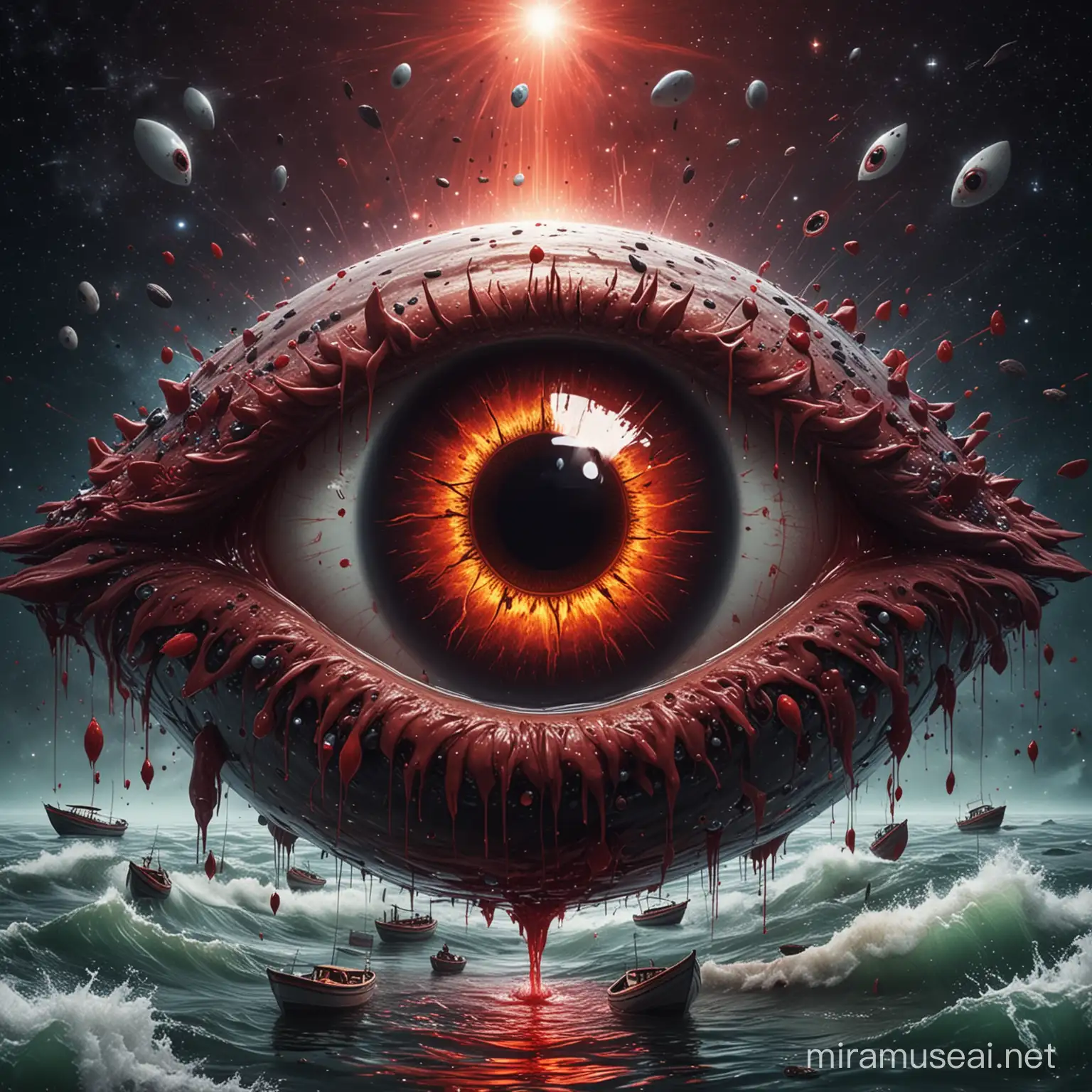 A giant eye, bleeding, with the blood turning into a river with a bunch of tiny boats in the blood coming out of the eye. Space background 