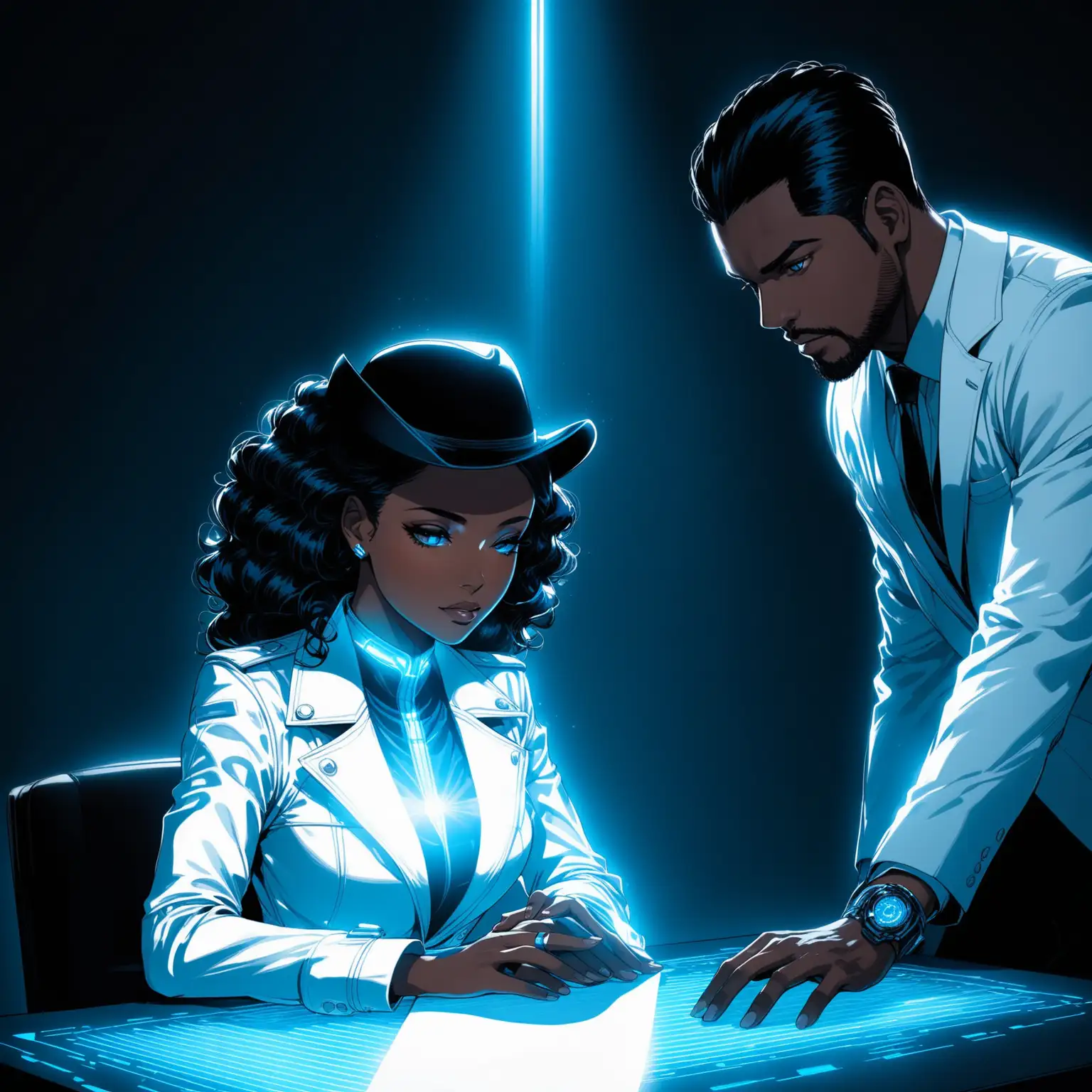 Futuristic Business Exchange African American Woman and Latino Man in Dark Office