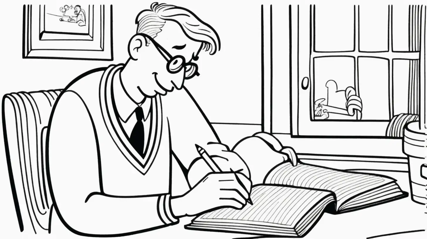 In the style of a New Yorker magazine cartoon or James Thurber illustration, create an image of a person writing in a journal. The person should be smiling or enjoying what he is doing.