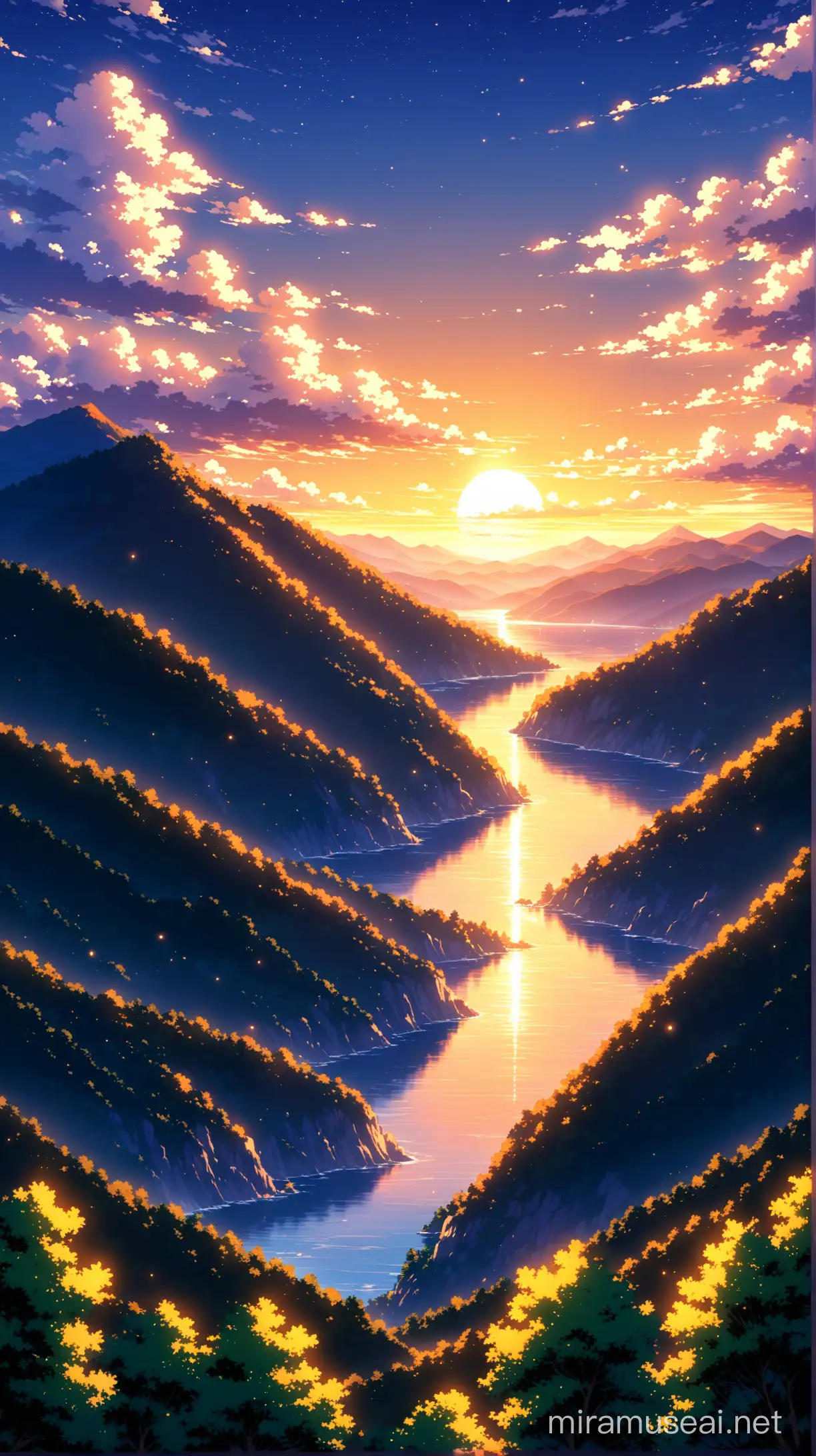 Anime Evening Tranquil Sunset Overlooking a Blossoming Valley