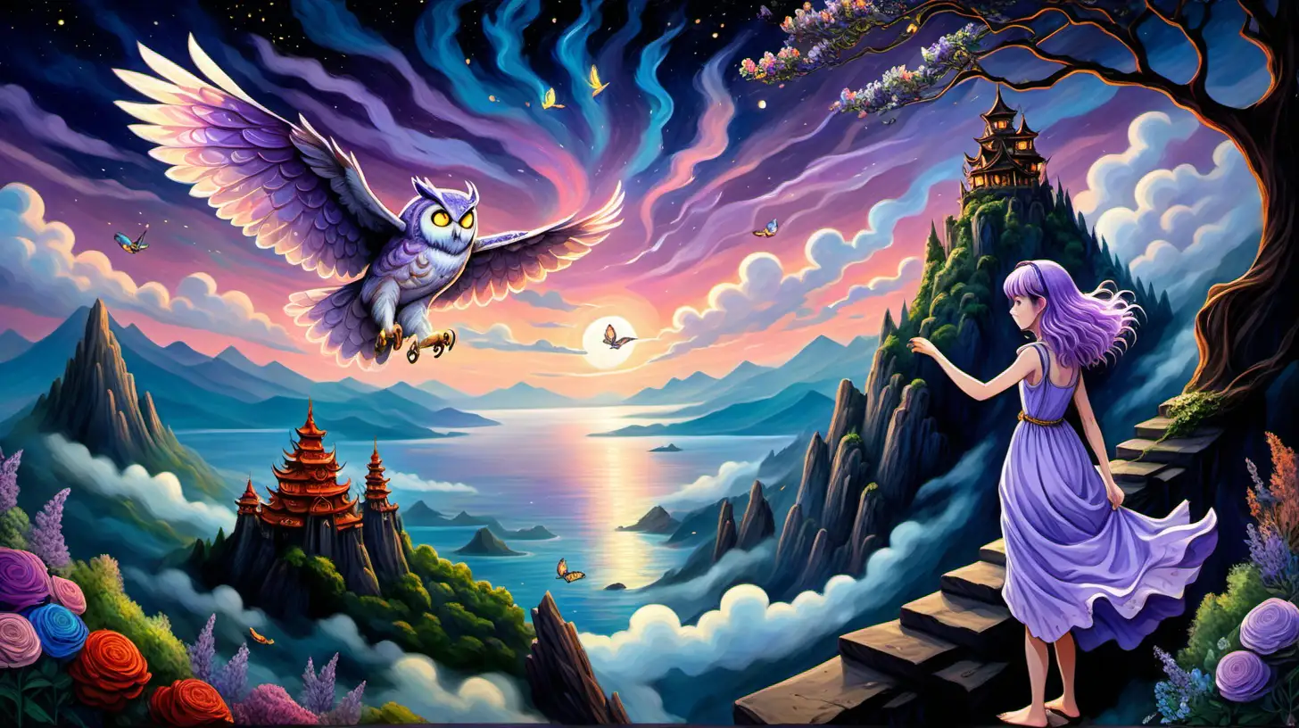 ghibli inspired painting of beautiful enchanting slender, lavander-haired, wavy, 18 YEAR OLD girl who shape-shifts into an owl, owl princess, playing with a big colorful owl in an enchanted forest skyline, flowers, fireflies and moonlight, sea of clouds, mountain, temple, colorful, cliff